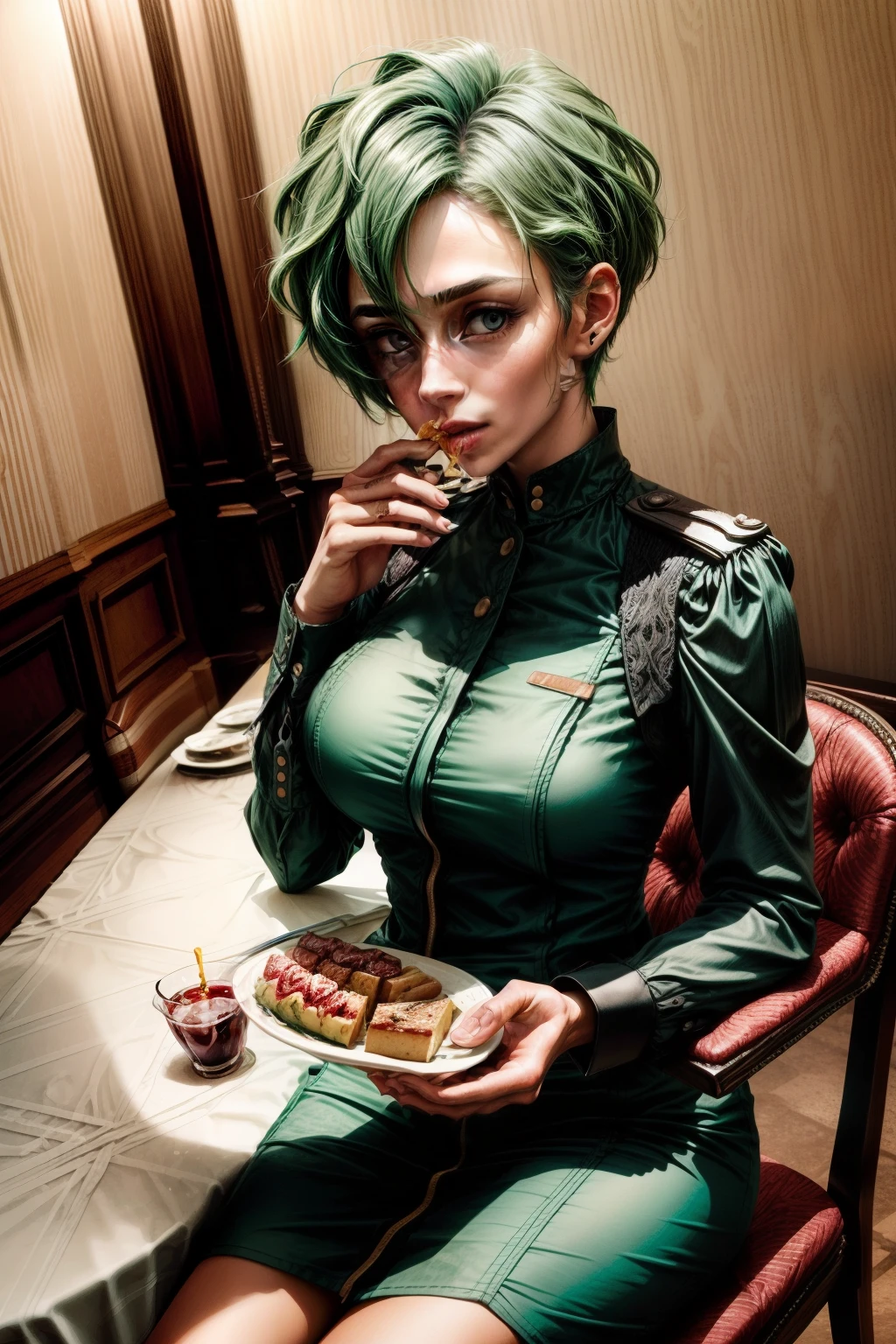  light blue hair, cake strip, Cute green eyes, Beautiful Mouth, 1,60, medium chest, sitting on a large chair in a courtyard 