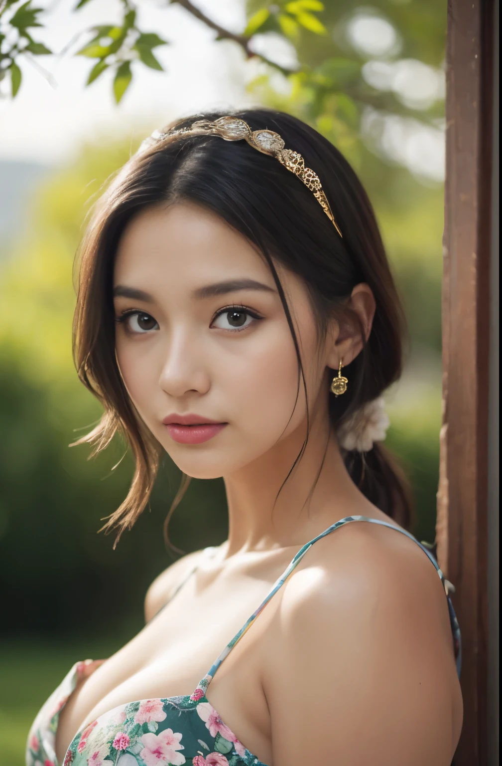 forest, party, (Close-up of the painting style,Ultra HD 8K,Masterpiece grade CG wallpaper),Cinematic lighting,cute girly,Delicate and beautiful face,Dreamy pupils,Wearing a small floral short summerdress,round waist,hijabi,Bust poem,Sit,Cloudy background,the trees,florals,夏天,Chinese style buildings, cleavage, magical