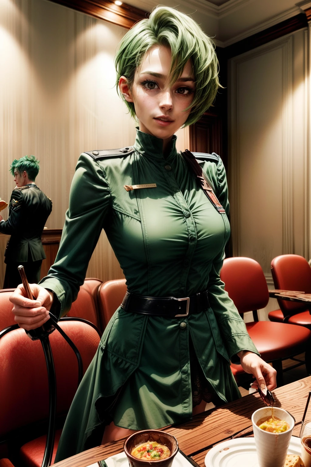0ne girl in a justice court,  Lawyer, Franziska Von Karma, Vetements bouffants, vetements avec des volants, utilise un fouet (Best quality:1.1), (Masterpiece:1.4), 1fille, (cheveux volumineux)+ , cheveux courts, (Yeux verts) Petits seins,  (small lips ) +  , peau brillante, brillant,