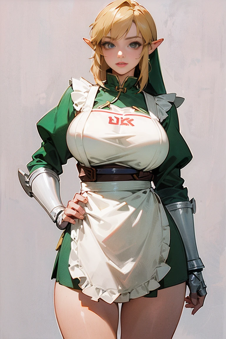 (link:1.5),legend of zelda, GS-womanly, 40 year old woman, Beautiful expression, A detailed eye, 二重まぶた, Detailed lips, lightsmile, (((Huge breasts))), (((White breastplate apron))), blonde hair, thighs thighs thighs thighs, Standing, (Photorealsitic:1.4), (Top image quality:1.0), (超A high resolution:1.0), 8K, Raw photography, (masterpiece), Background with; ((kitchin))