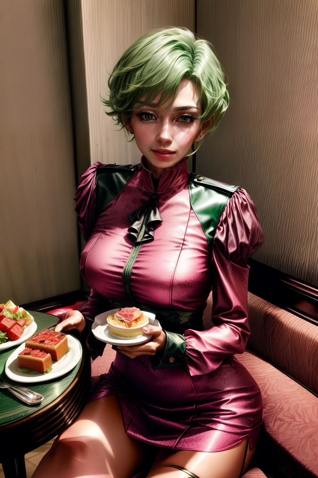 Frederica Greenhill, 25 years old, lieutenant, adjutant, shortcut, green hair,
Eating in a luxurious pink dress at a high-end restaurant