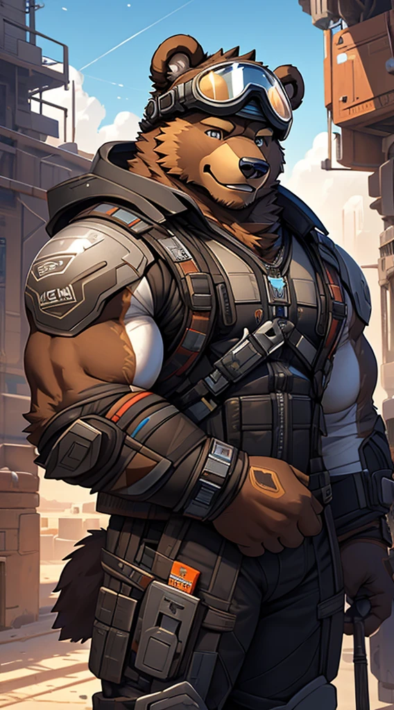 Anthro furry bear inside a helmet and goggles, muscular, stout, heavy, warm expression, in the style of hyper-realistic sci-fi, richly colored skies, zbrush, charming characters, alan bean, dotted, realistic portrait painter