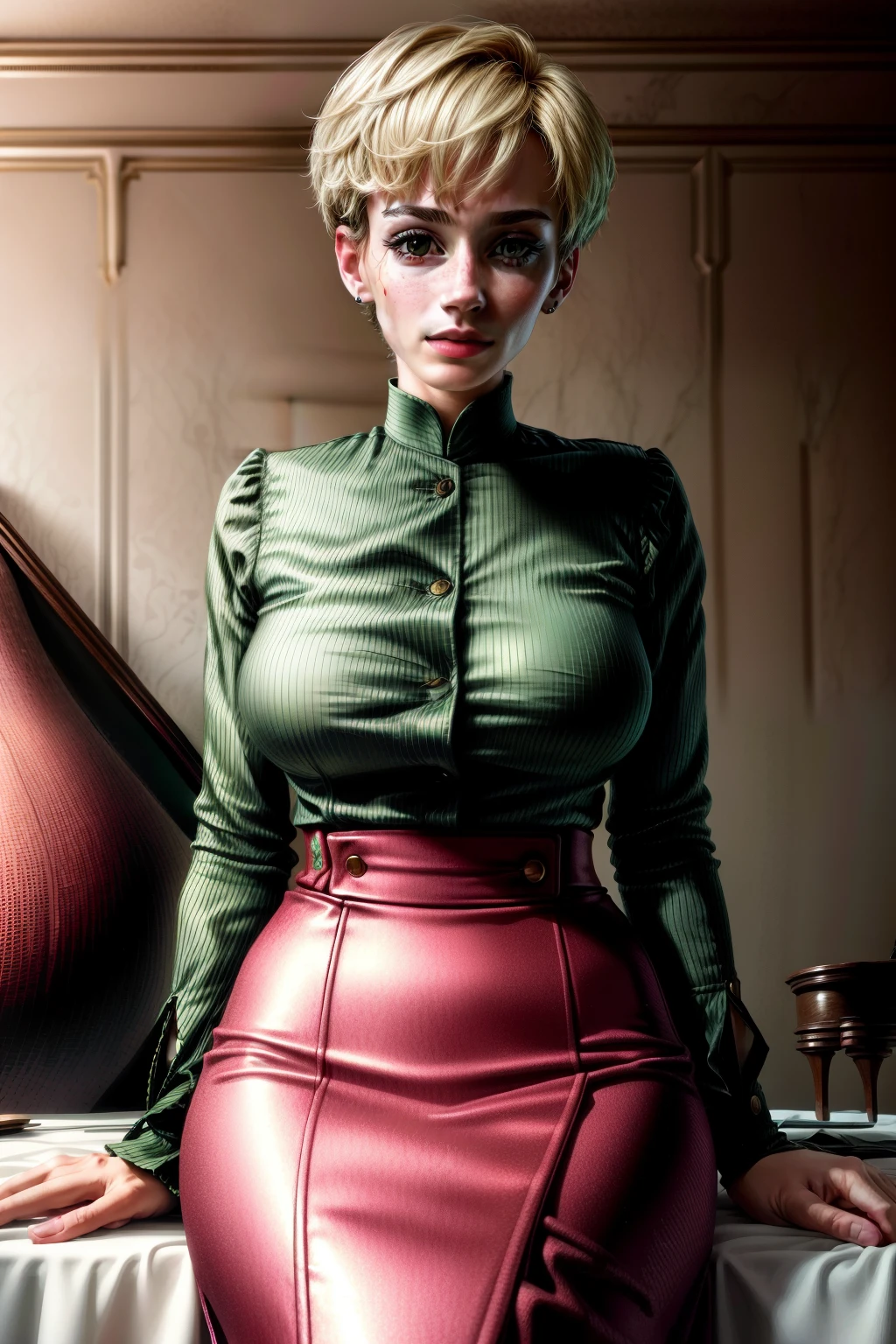 (best quality,4k,8k,highres,masterpiece:1.2),ultra-detailed,(realistic,photorealistic,photo-realistic:1.37),portrait,Frederica Greenhill,25 years old,lieutenant,aide-de-camp,short haircut,green hair,elegant,high-end restaurant,pink luxurious dress,dining.