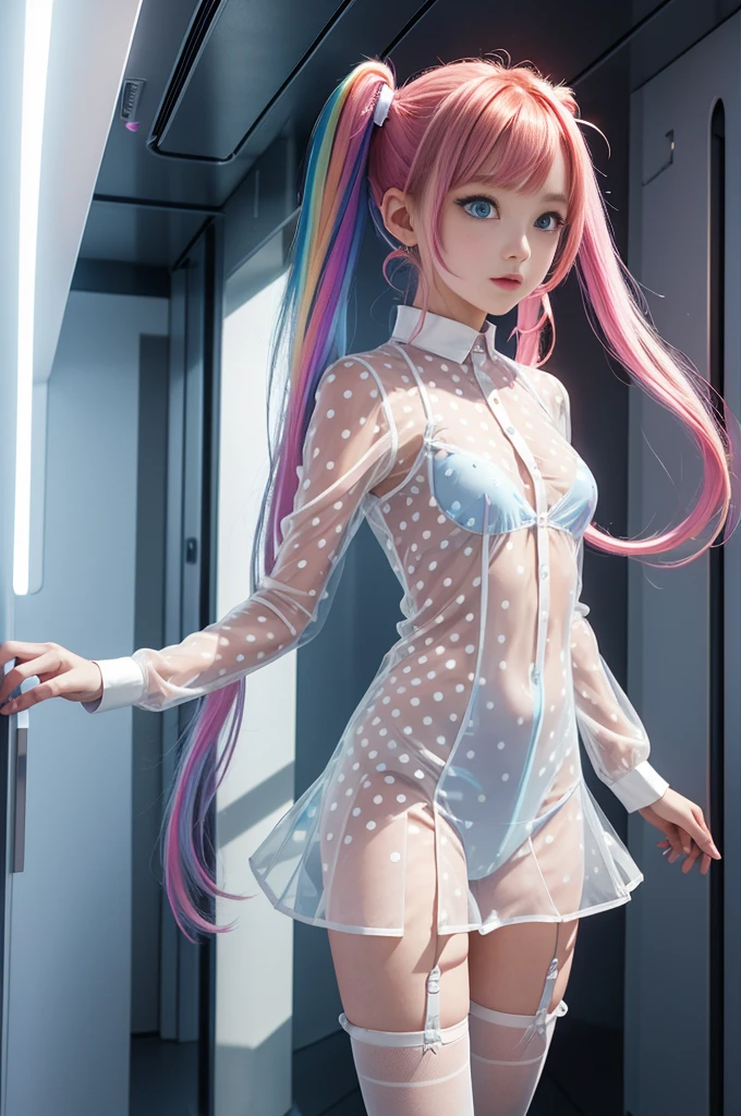 Cute Redhead, idol sculpture, With rainbow colored hair, ribbon in her hair, 18 year old female, Happy, With twin tails, Perfect symmetrical eyes, clear shining blue eyes, white skin, Silky smooth skin, Standing on top of a flashy, luxurious spaceship, big futuristic hallway, Control panel, wood trim, Decorative plants, warm lighting, Wearing a futuristic party dress made of transparent material, pleats of transparent material (shirt) Transparent mini dress (Pastel rainbow colors, and polka dots), wearing pantyhose all over, cute short cut boots.Underwear flickering、Underwear flickering、sexy、High resolution、high resolution