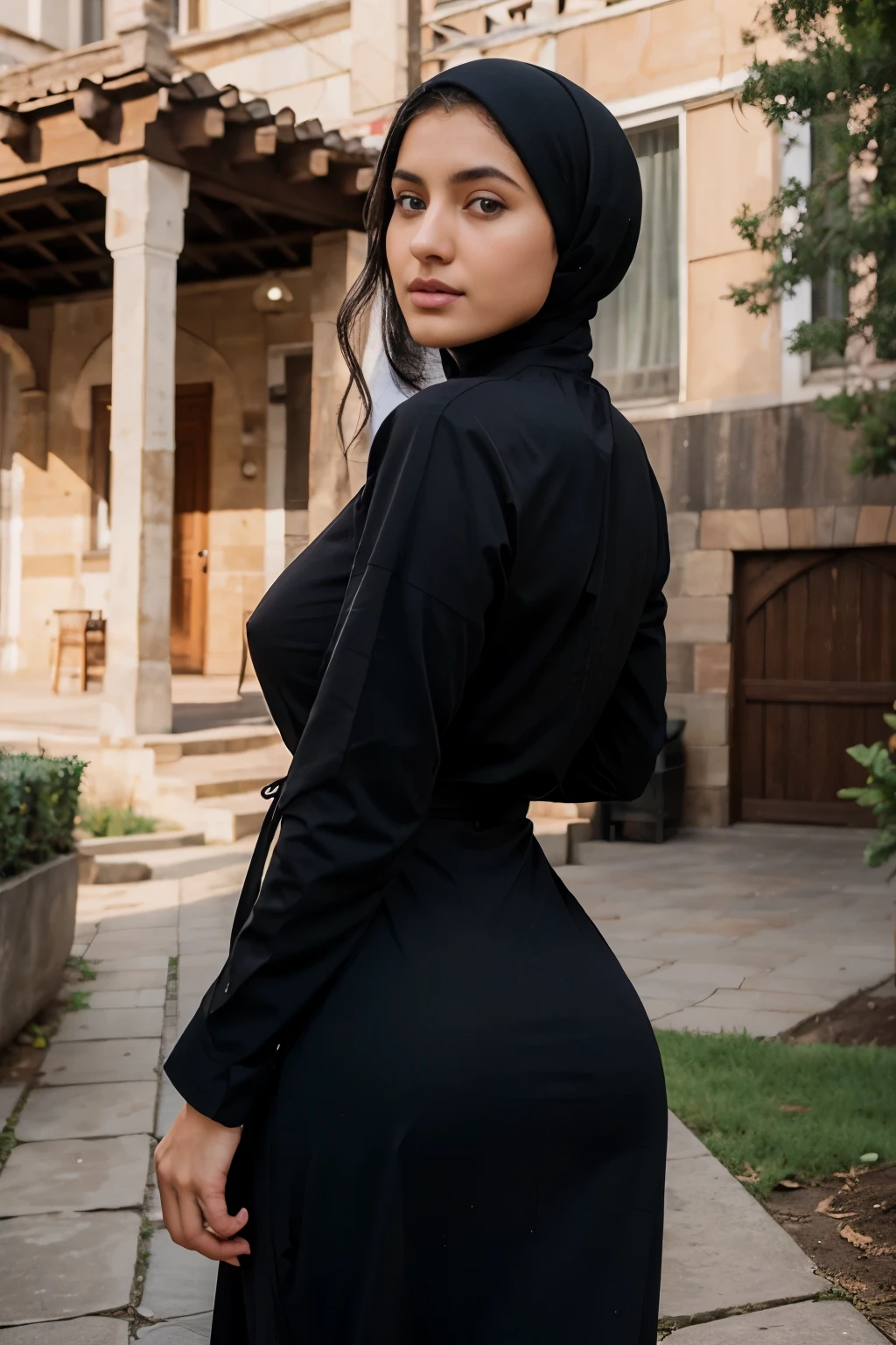 Good Hands, (Wearing Muslim Clothing:1.4), From behind shot of her ass, webcam photography, Andrée Acouri lookalike, Andrée Acouri face, with blue eyes, , attractive girl, instagram model, black hair and a perfect body, 18 years old, 21 years old, beautiful model, ekaterina, attractive girl, i can't believe how beautiful this is, exaggerated facial features, body extensions, 32k uhd, exaggerated facial features, voluminous mass, (Gorgeous black hair, middle eastern skin, Slim abdomen, Perfect slim figure), (c cup breast size), (huge long boobs:1.2)