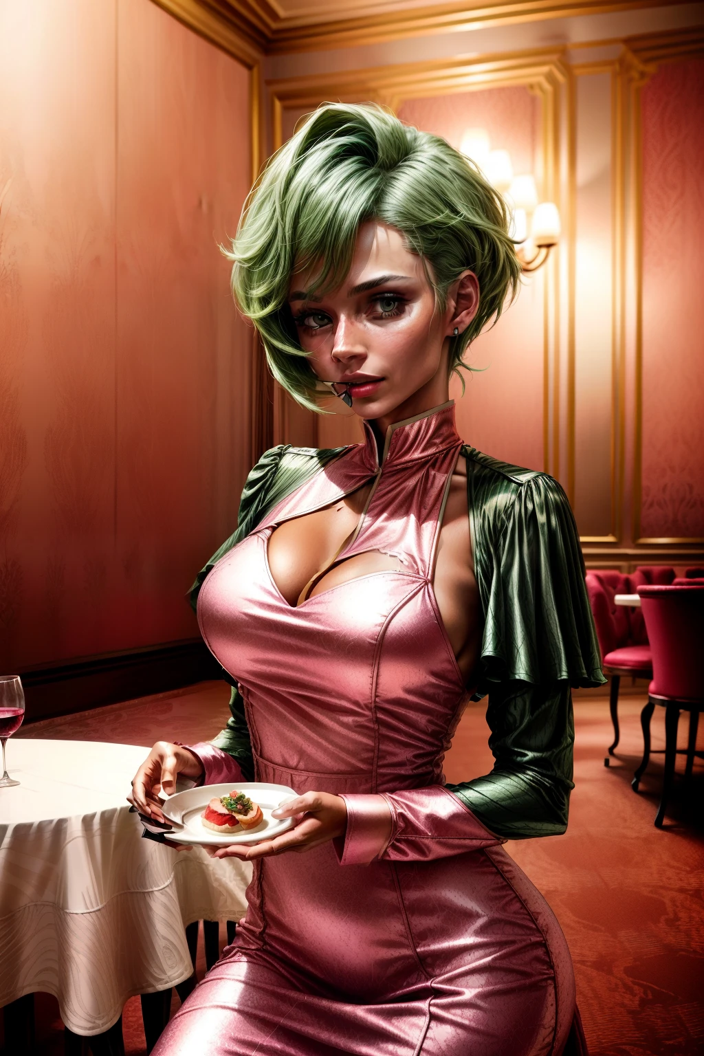 Frederica Greenhill, 25 years old, lieutenant, adjutant, shortcut, green hair,
Eating in a luxurious pink evening dress at a high-end restaurant