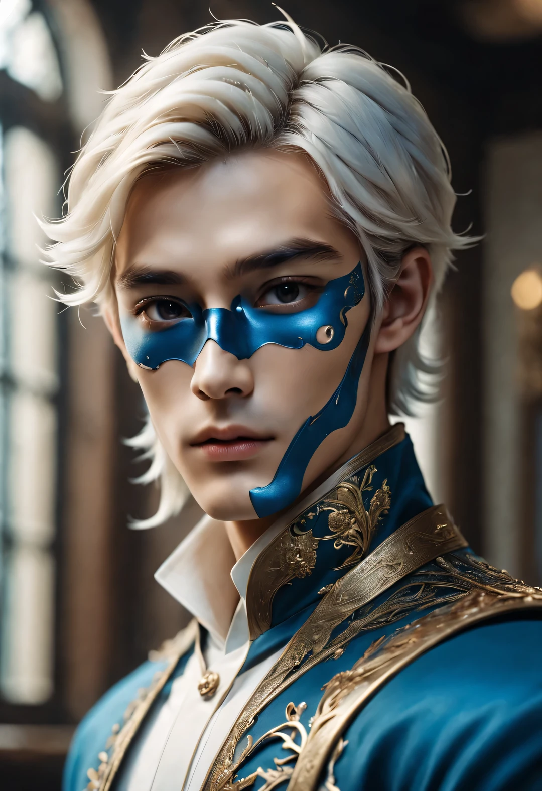 (male character design), Half body photo, Staring at the camera,
(Chinese handsome man Gao Changgong, Prince of Lanling, in front of the computer), (The left half of her face wears an ornate blue and gold metal mask.: 1.1), (Messy and long white hair: 1.0), (Wearing a royal blue plaid woolen coat: 0.8), Have a perfect figure, Fair and delicate skin, red lips, high nose bridge, deep eyes, There is an extraordinary heroic spirit between his eyebrows. He has a slender figure, Has beautiful muscle lines, like a perfect sculpture. His character is brave and beautiful, like a woman, Be brave and decisive. There is an indescribable tenderness and warmth deep in his heart. Audrey hepburn, Jude Law, Jude Law (inspired by actor Jude Law), Surrealism, Located in modern offices,
HD, high quality, HD Analysis, 32k