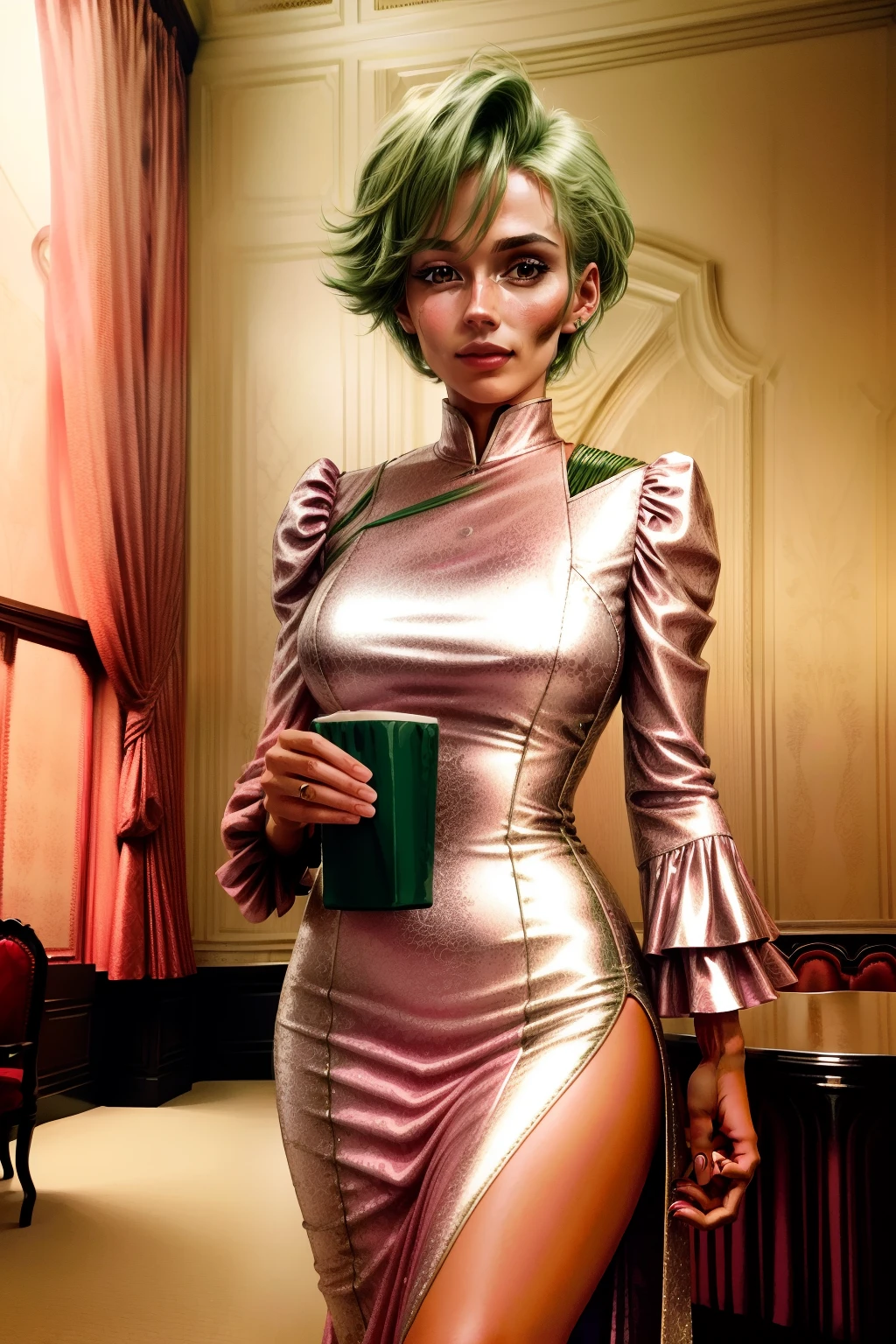 Frederica Greenhill, 25 years old, lieutenant, adjutant, shortcut, green hair,
Eating in a luxurious pink evening dress at a high-end restaurant