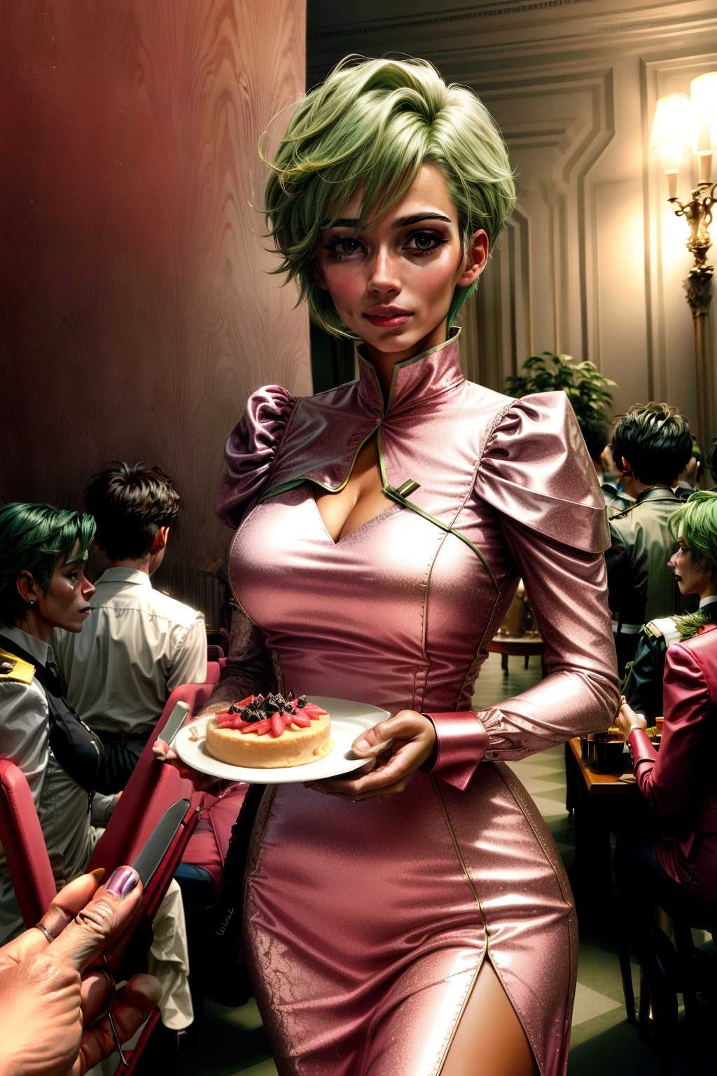 Frederica Greenhill, 25 years old, lieutenant, adjutant, shortcut, green hair,
Eating in a luxurious pink evening dress at a high-end restaurant