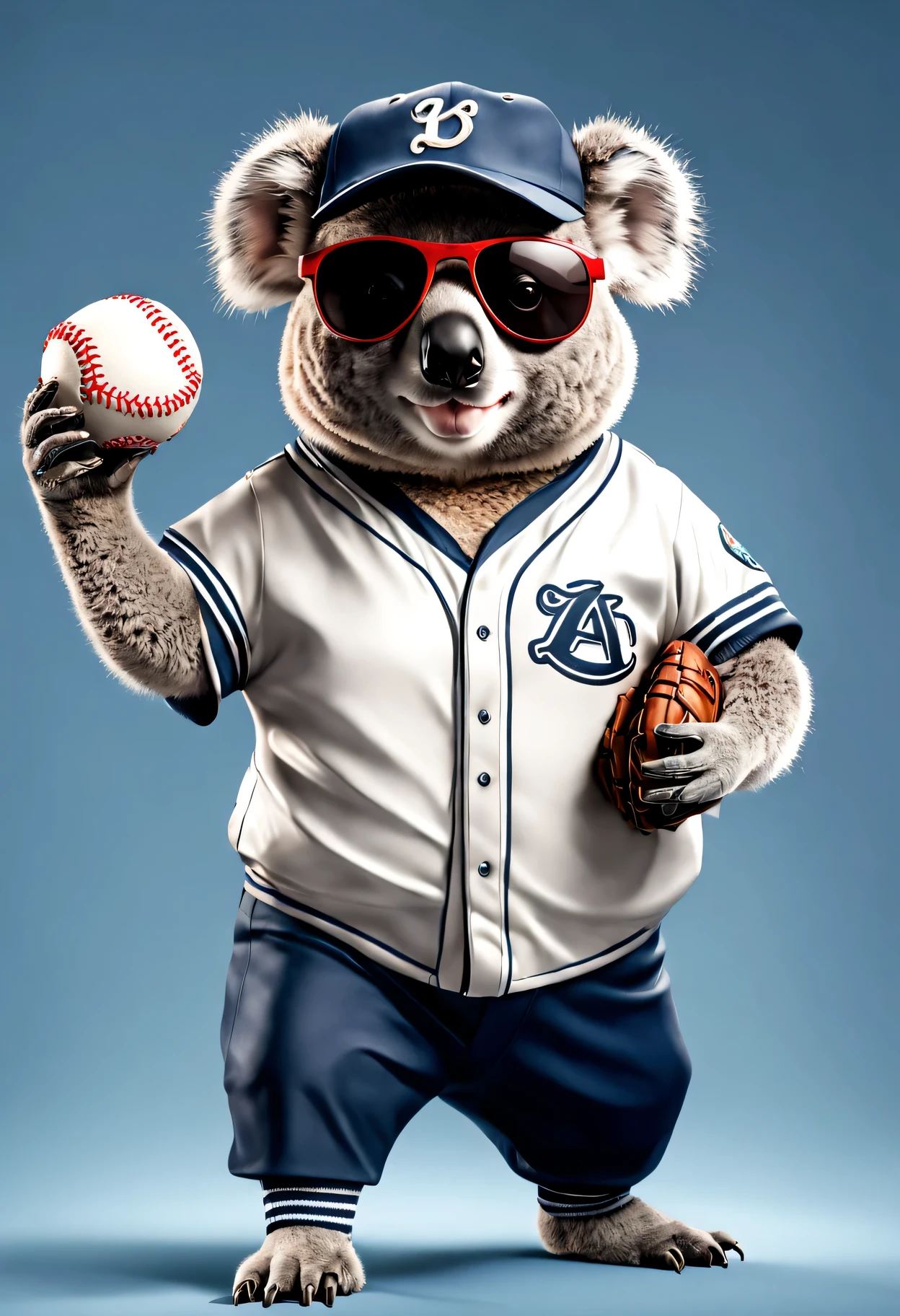 photorealistic portrait of Dressed animals - a ((fat)) polar bear Baseball player,(holing bat:1.5),(happy smile),(), high quality,(lovely) ,intricate details, highly detailed (baseball uniform )),baseball cap,, (happy), studio lighting,(full body image:2.0)