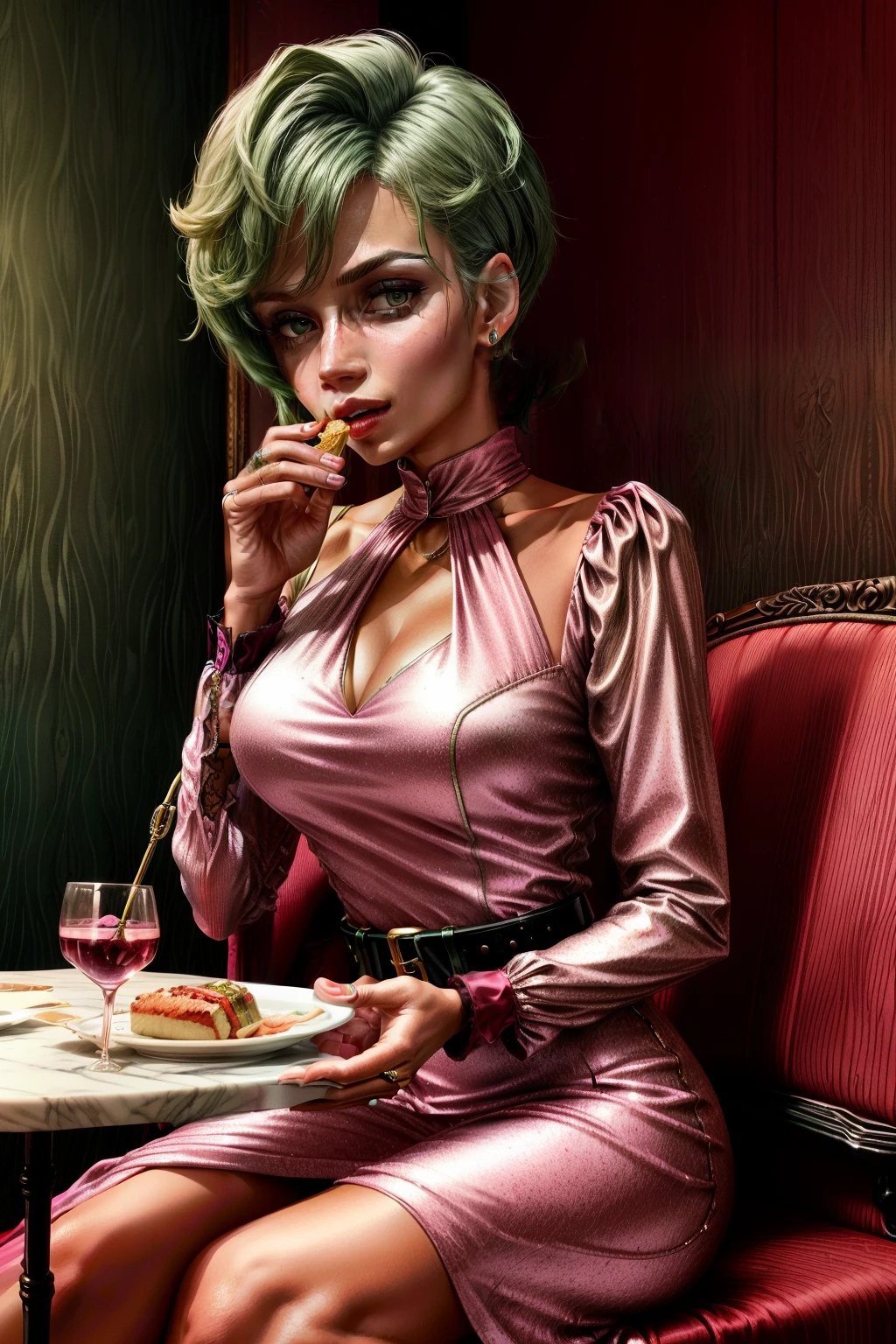 Frederica Greenhill, 25 years old, shortcut, green hair, wearing a pink long evening dress at a high class restaurant, sitting on chair , earrings, necklace, ring, bracelet,