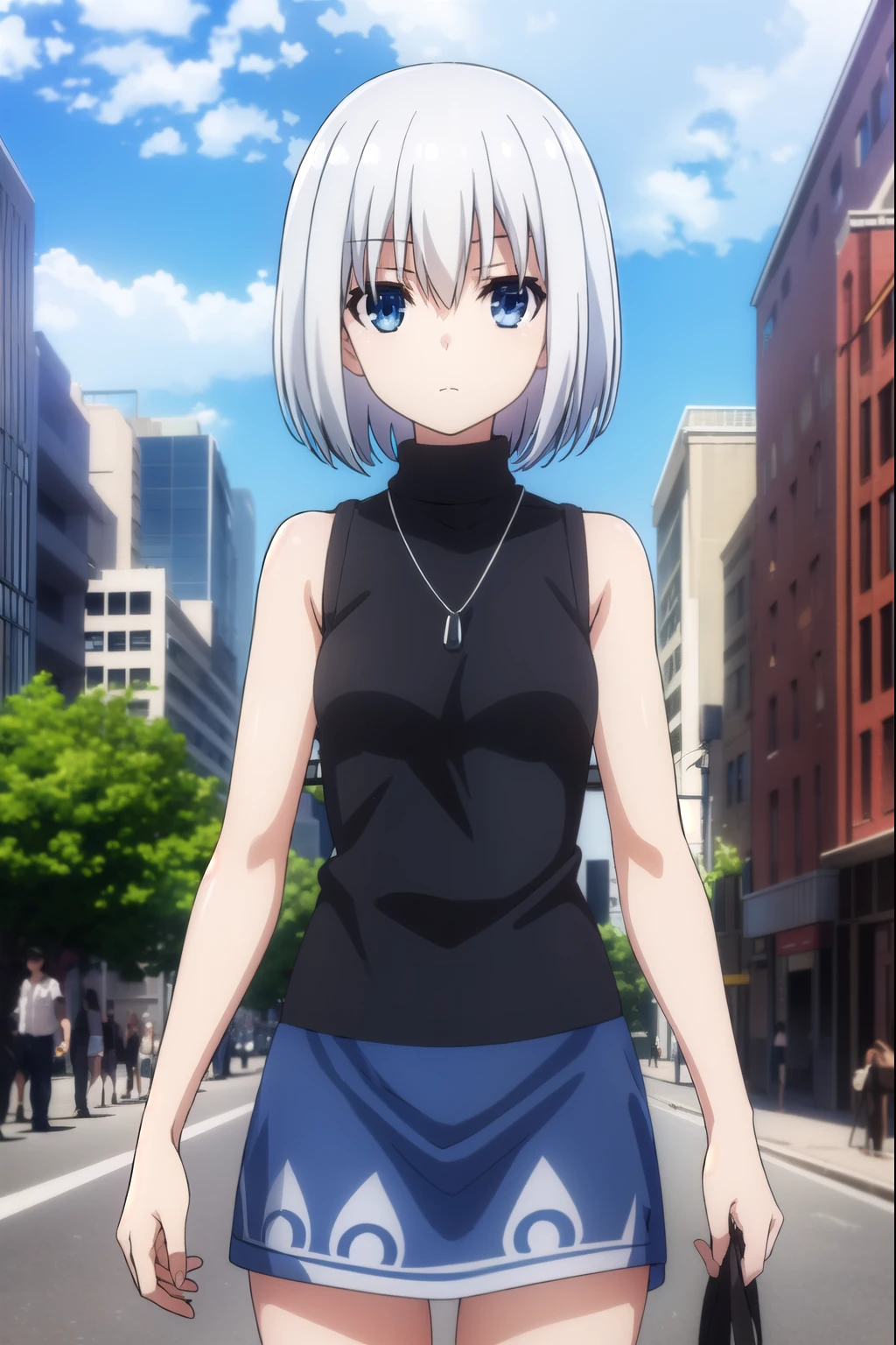 origamitobiichi, origami tobiichi casual, short hair, blue eyes, hair ornament, bare shoulders, jewelry, white hair, sleeveless, hairclip, necklace, turtleneck, sleeveless turtleneck, strap between breasts, white dress,
BREAK ,
BREAK outdoors, sky, blue sky, clouds, sun, city, buildings, crowd, people,
BREAK looking at viewer, (cowboy shot:1.5),
BREAK (masterpiece:1.2), best quality, high resolution, unity 8k wallpaper, (illustration:0.8), (beautiful detailed eyes:1.6), extremely detailed face, perfect lighting, extremely detailed CG, (perfect hands, perfect anatomy),