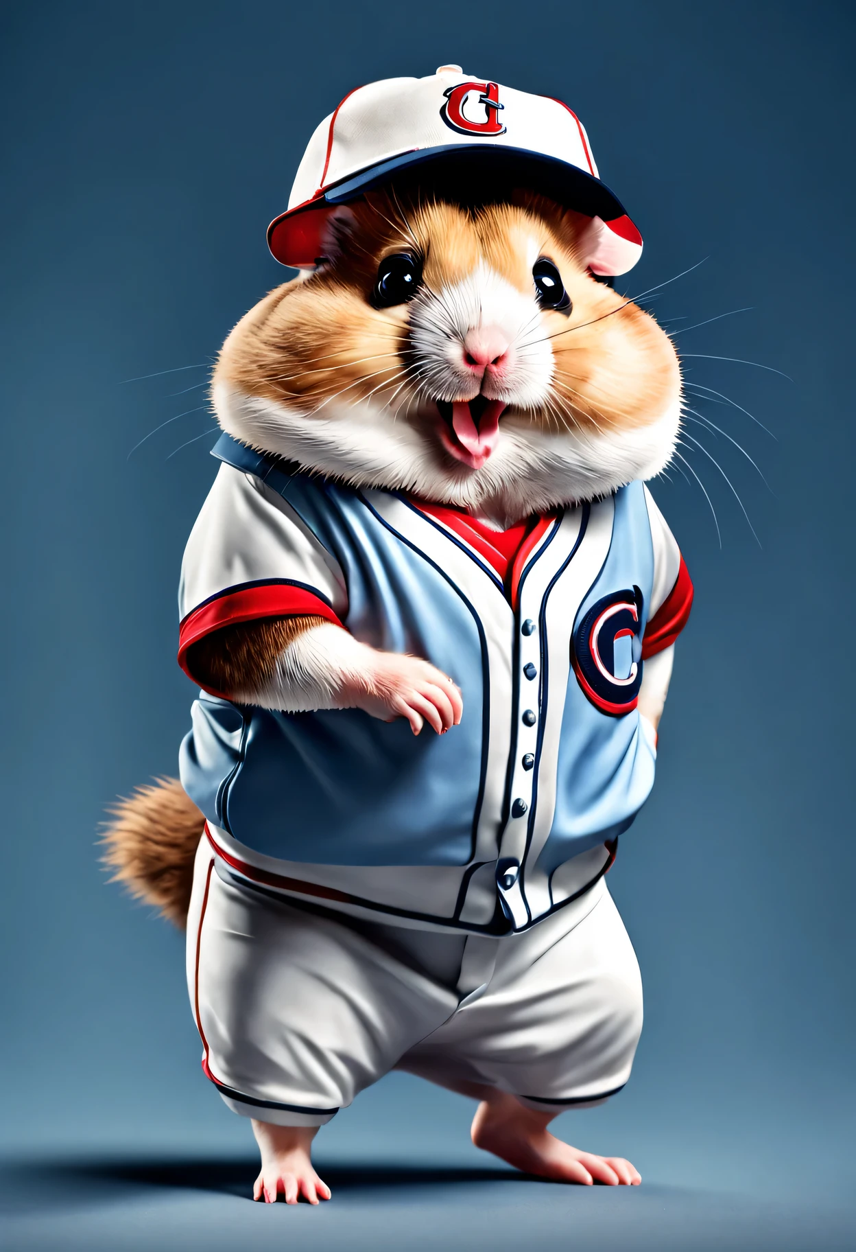 photorealistic portrait of Dressed animals - a fat hamster baseball player,( dynamic action pose), high quality,(lovely) ,intricate details, highly detailed ((baseball uniform)) ,highly detailed baseball cap, wearing sunglasses, , (happy), studio lighting,(full body image:1.5)
