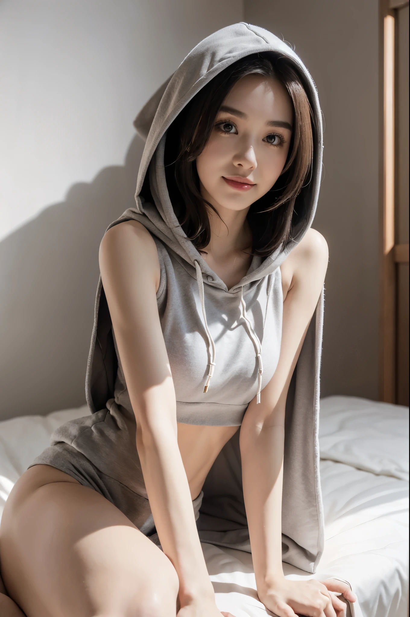 ((((8k))),((Extremely meticulous CG)) ,(wallpaper),16k,((Extremely refined and beautiful))，(((Masterpiece))),(((best qualtiy))),(((Ultra High Resolution))),beautiful light up,Perfect lightning,realistic shaded,[A high resolution],(Smooth and flawless fair skin:1.5),(pale skin:1.3),Extremely exquisite facial details,(perfect body：1.1),ultra - detailed,A beautiful girl,solo,small head,(shoulder length straight bob hair:1.1),(Hair fluttering:1.1),small face,Exquisite makeup,(small breasts:1.1),flat chests,slim,thin,happy,(Smile:1.2),(White hooded hoodie with hood down:1.3),(hoodies open:1.3),(underneath the hoodies was Brown_gray tank top:1.3),(slender legs:1.2),(underwear:1.2),(pantyhose:1.2),(night scene:1.5),indoor,at home,(In  bedroom:1.3),white wall,Railing bed head,(detailed background:1.5),(sitting on the bed:1.3),(selfie:1.3),(upper body:1.2),(from front:1.3)