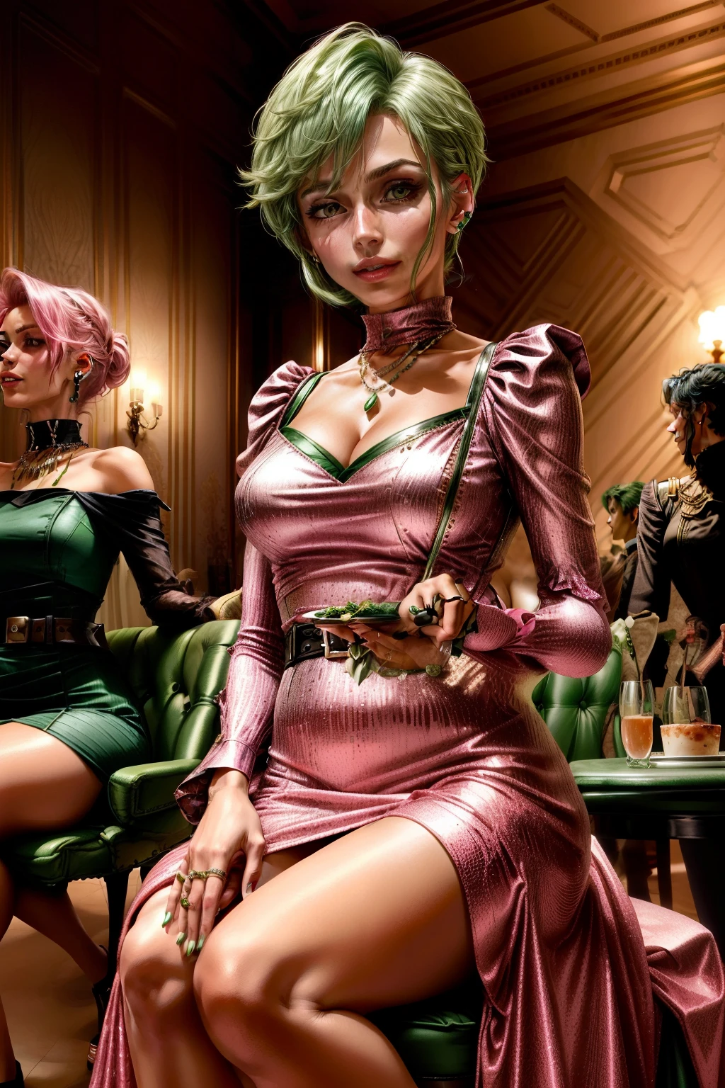 Frederica Greenhill, 25 years old, lieutenant, adjutant, shortcut, green hair,
Eating in a pink evening dress at a fancy restaurant, sit down, earrings, necklace, ring, bracelet, chain belt