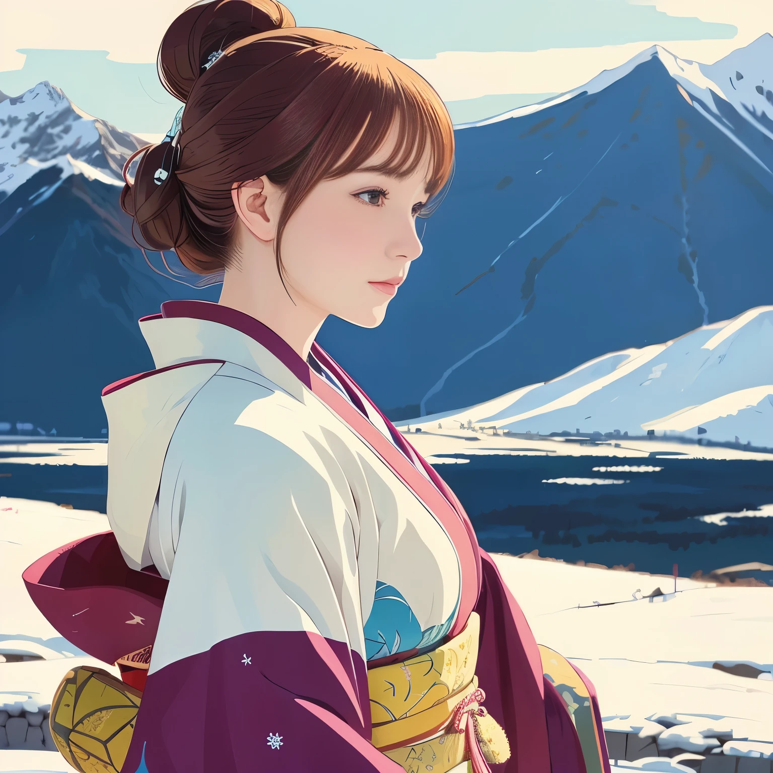 illustration style, ukiyo-e, Showa anime, woman, snow, (Sensitive), Asahi, mountains in the background, (highest quality, super detailed,portrait, Natural light)、kimono