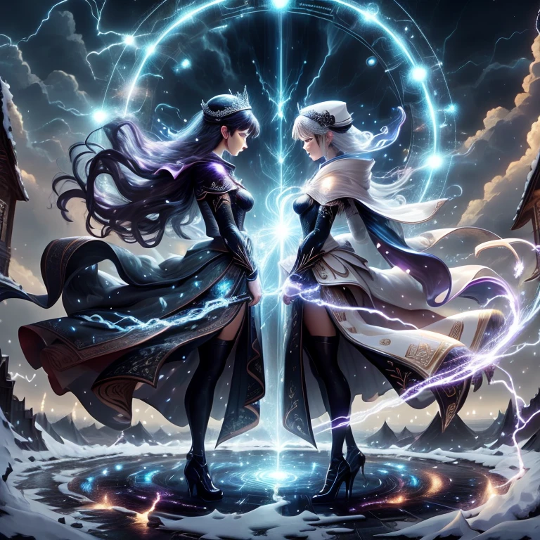 Masterpiece,bestquality,flat colour,night, 2girl,wearing elaborate magical suit,sexy suit,perfect face,perfect body,full body,closed eyes,BREAK,looking each other,face to face,talking,look focus,BREAK,magic circle on the ground, with thunder,thunder arround them BREAK,they are on the top of a mountaine pic,snow,there is a tempest in the background