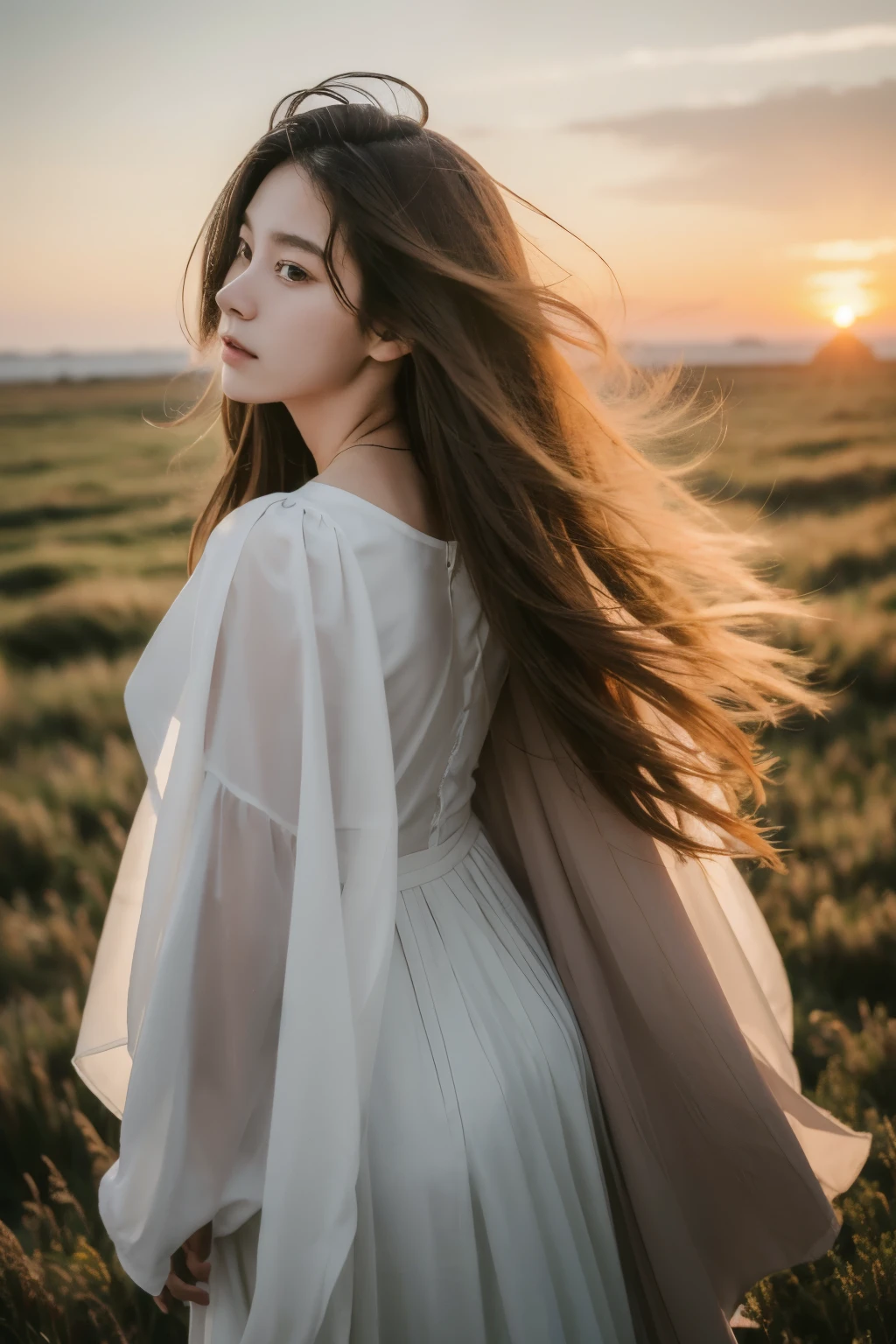 (masterpiece), (best quality), photography, 2girls, two girls, portrait, side look portrait, winning award photography, messy hair, windy, outdoor, sunset, sexy dress