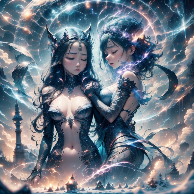 Masterpiece,bestquality,flat colour,night, 2girl,wearing elaborate magical suit,sexy suit,perfect face,perfect body,full body,closed eyes,BREAK,looking each other,face to face,talking,look focus,BREAK,magic circle on the ground, with thunder,thunder arround them BREAK,they are on the top of a mountaine pic,snow,there is a tempest in the background