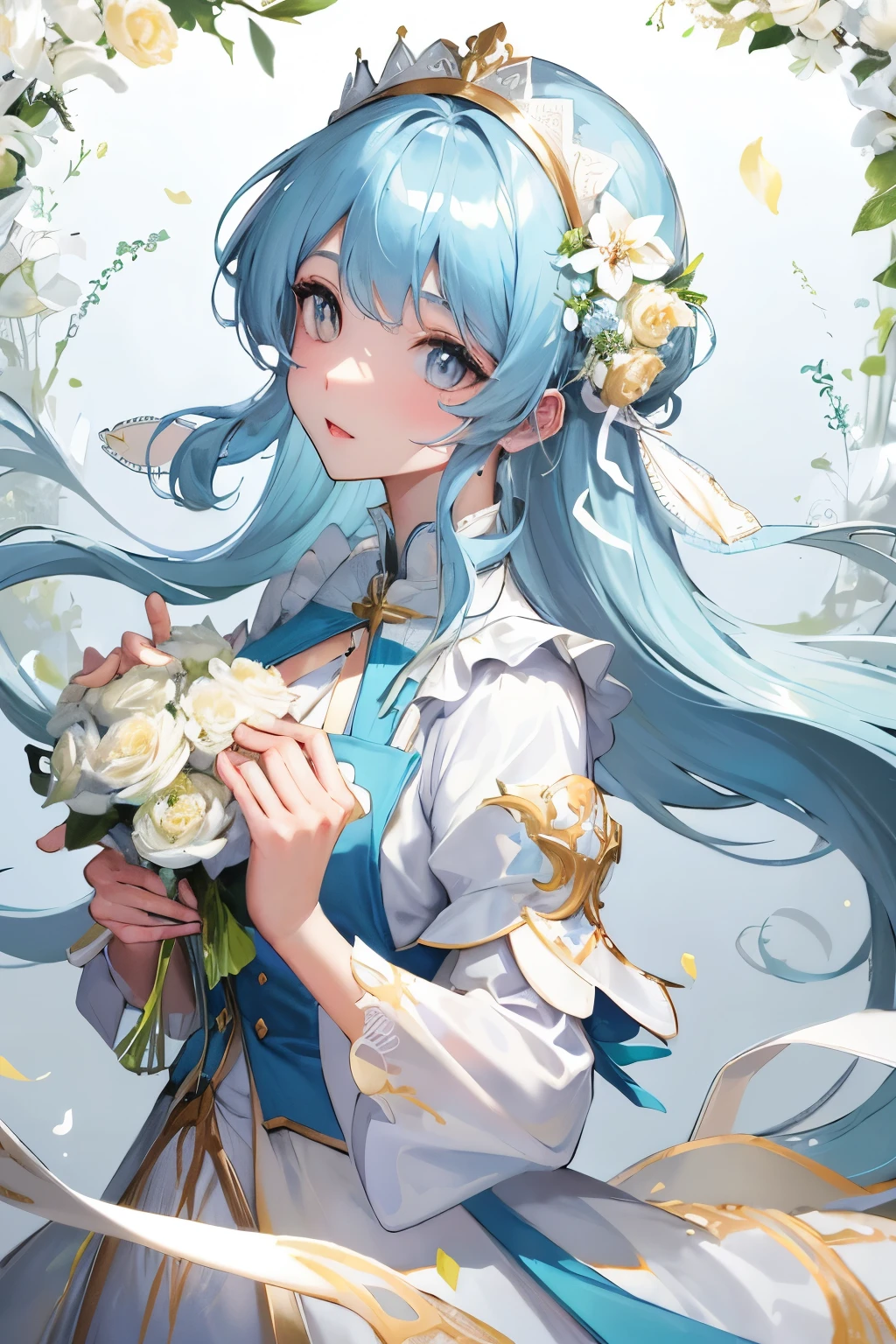 Best quality, detailed background, high resolution, white long hair、gold eyes、Light blue apron dress、clear、beautiful boy