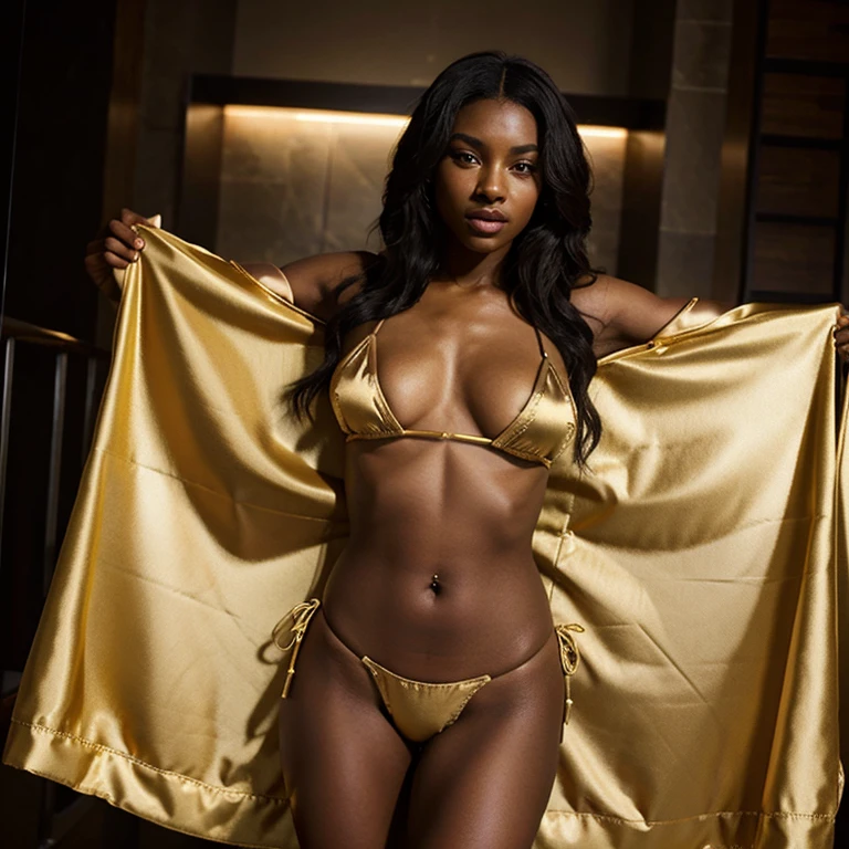 Ebony woman wear satin gold bikini