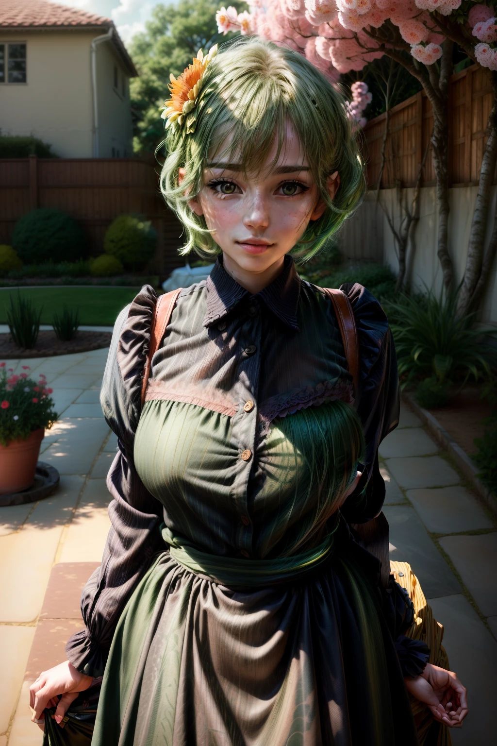 A girl in a garden,illustration,beautiful detailed eyes,beautiful detailed lips,extremely detailed eyes and face,longeyelashes,(best quality,4k,8k,highres,masterpiece:1.2),ultra-detailed,(realistic,photorealistic,photo-realistic:1.37),outdoor scene,colorful flowers,butterflies,soft sunlight,portraits,vivid colors,green hair,short hair,25-year-old lady,shortcake,officer,assistant,cafe attire