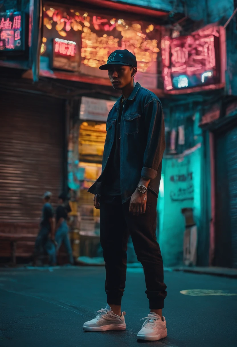 Cyberpunk scene, 1man, Malaysian, wearing black baseball cap and denim shirt, baggy and sneakers on the street, neon background