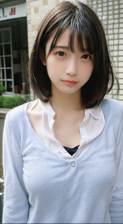 8K, masterpiece, raw photo, highest quality, photorealistic, high definition CG Unity 8K wallpaper, depth of field, cinematic light, lens flare, ray tracing, (very beautiful face, beautiful lips), beautiful eyes ), face with intricate details, ((super detailed skin)) 1 girl, smiling, black back, black shadow, wearing a knit shirt (saggy breasts), breast shape middle-aged, (D cup), Denim micro miniskirt, pantyhose (real), brown hair bob, (black eyes 1.1), realistic face, sitting bench, defenseless lower body, dramatic lighting, design: Japan's cutest beautiful girl idol! !