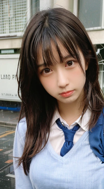(masterpiece:1.4), (8K, realistic, RAW photo, highest quality: 1.4), Japanese, (1 girl), beautiful face, (realistic face:1.4), (very detailed髪:1.3), beautiful hairstyle, realistic eyes, beautiful and fine eyes, (realistic skin:1.3), beautiful skin, Charm, ultra high resolution, surreal, very detailed, golden ratio, (detailed face:1.4), (Realistic medium breasts:1.4), (school uniform:1.5),(heavy rain street),soaking wet