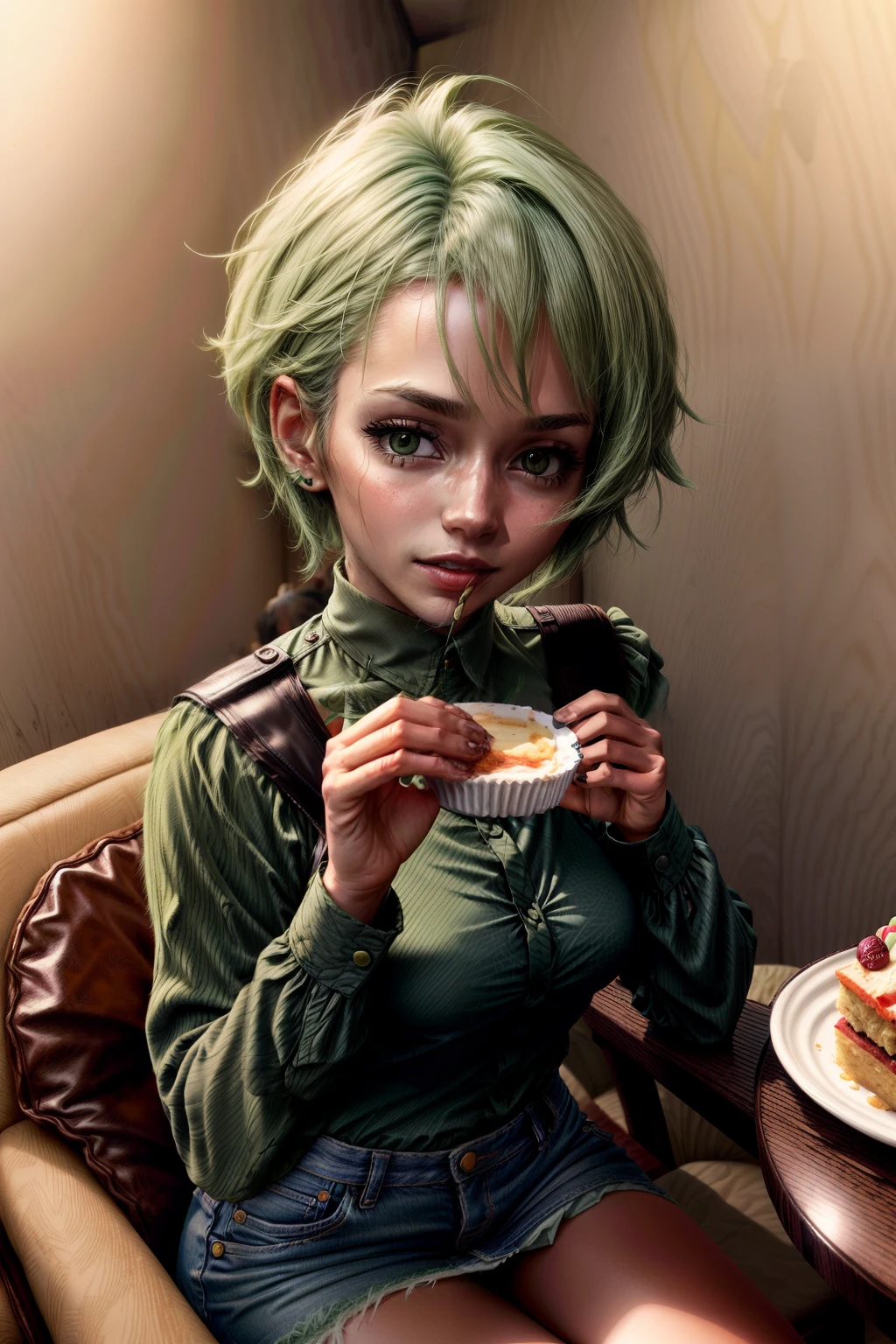 Frederica Greenhill, 25 years old, lieutenant, adjutant, shortcut, green hair, Eating cake at a cafe wearing casual clothes