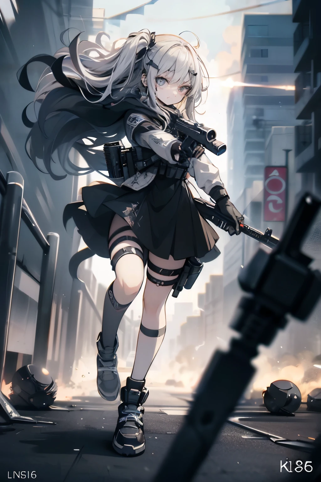 {{Masterpiece, top quality, highly detailed CG, unified 8k wallpaper, movie lighting, lens flare}}, 1 girl holding a rifle through the wall, wide view, thick body, long blonde hair soaring in the wind, green eyes, (holding a weapon, holding a rifle, aiming, aiming: 1.4), gun, h&k hk416, carbine, open fire, rubble, ruins of conflict areas, plumes, nitric smoke, blast waves, Flying bullets, sniper, 35mm, f/1.8, night, blue eyes
