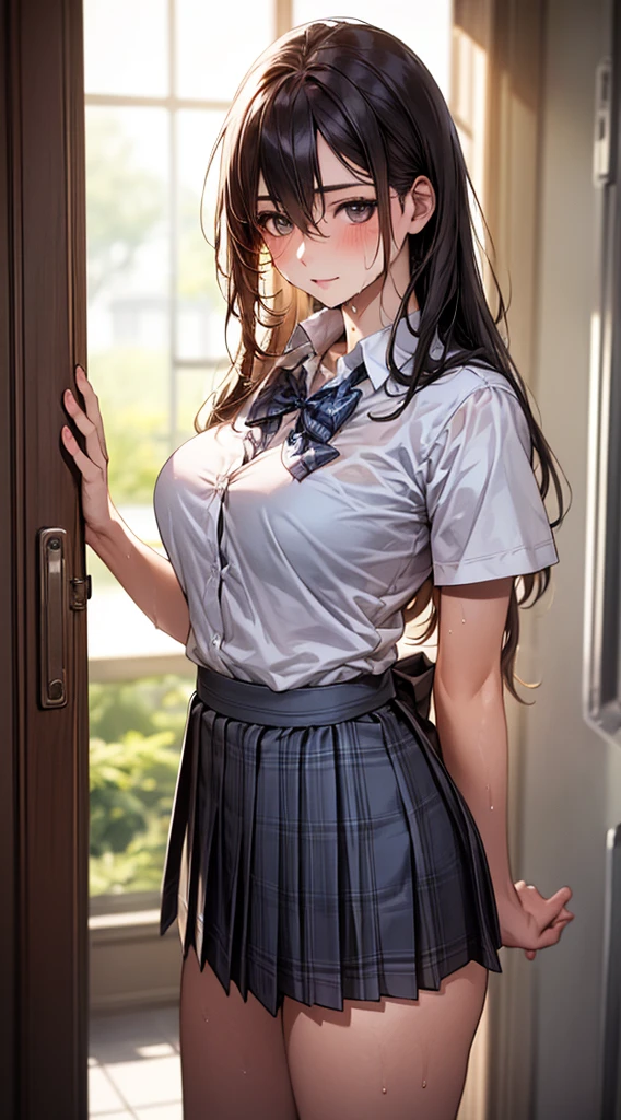 (masterpiece:1.2, highest quality), (realistic, photorealistic:1.4), beautiful illustrations, (natural side lighting, movie lighting), Depth of written boundary, 見る者を見つめるbeautiful thighs, (face focus, Upper body), Front view, 1 girl, English, high school girl, 15 years old, perfect face, Cute symmetrical face, shiny skin, random uniform、(random hairstyle、blonde), Big eyes, long eyelashes chest), thin, expensive、beautiful hair, beautiful face, fine and beautiful eyes, beautiful clavicle, beautiful body, beautiful breasts, beautiful thighs, beautiful feet, beautiful fingers, ((fine fabric texture, Brown knitted vest, short sleeve white collar shirt, navy pleated skirt, Navy bow tie)), 
(beautiful scenery), evening, (Inside the flower shop), Are standing, (smile, Upper grade, open your mouth),  (((skirt lift, I&#39;m not wearing anything underneath、not wearing panties(1.5)、smooth pussy(1.6)、shave(1.6)、no hair(1.6)、shaved pussy))),(((flushed face(1.9)、Embarrassed and red face(1.9)、pain(1.9)、Severe pain(1.9)、crying face(1.9)、Blushing face and cheeks(1.5)、anger(1.9)、sad(1.9)、scream(1.9)))、