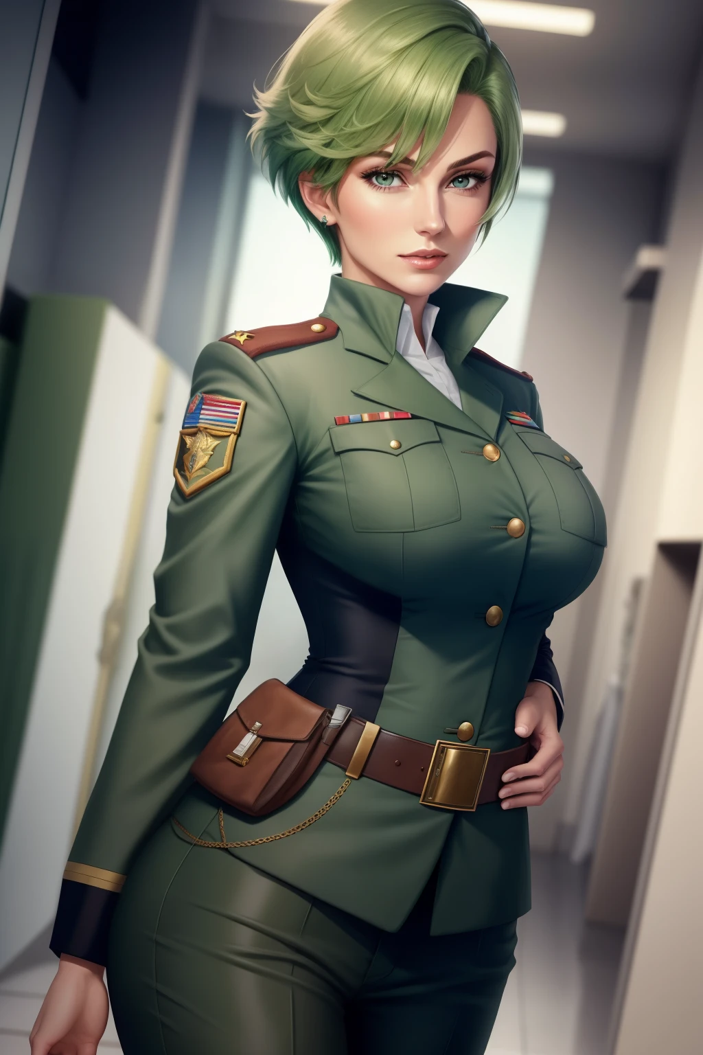 asian woman in green military uniform, brown bob Haircut,green blazer, green trousers, black belt, black necktie, brown hair, blue epaulet, cleavage, standing in the Office