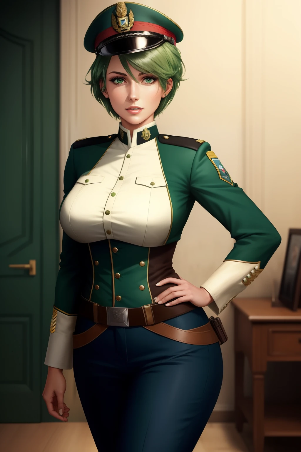 Frederica Greenhill is a 25-year-old female lieutenant with short, bright green hair. She is known for her quick strategic thinking and ability to find efficient shortcuts. Her uniform is decorated with various insignia reflecting her rank and accomplishments. She leans forward with her ample breasts gently curving, and with sharp concentration, she is ready to take on the next mission. She wears a pants-style uniform.