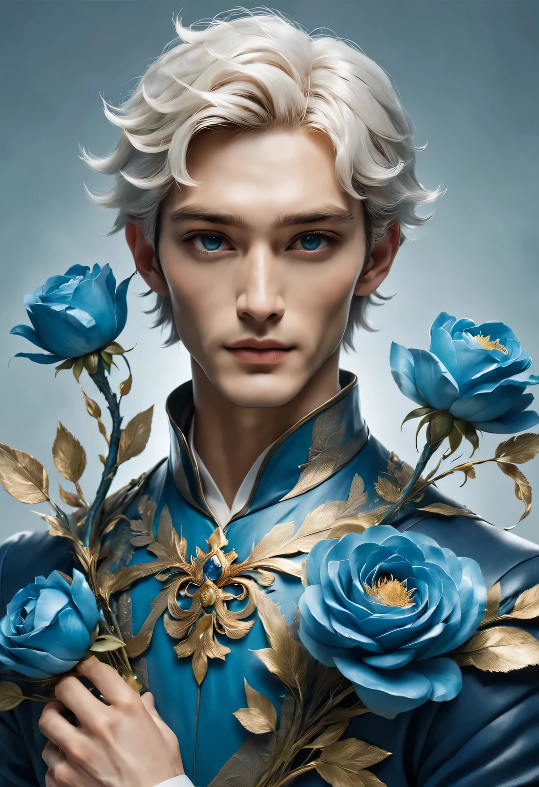 (male character design), Half body photo, Staring at the camera,
(Picture of Chinese handsome man Gao Changgong, Prince of Lanling, holding a big bouquet of blue fairy roses), (The left half of his face is wearing a gorgeous blue and gold metal mask.: 1.1), (Messy long white hair: 1.0), (Wearing a royal blue plaid woolen coat: 0.8), Have a perfect figure, Fair and delicate skin, Lips as red as red, The bridge of the nose is high and straight, deep eyes, But there is an extraordinary heroic spirit between his eyebrows. He has a slender figure, Has beautiful muscle lines, like a perfect sculpture. His character is brave and beautiful, like a woman, Be brave and decisive. There is an indescribable tenderness and warmth deep in his heart, Audrey hepburn, Jude Law, Jude Law (inspired by actor Jude Law), Surrealism, background: Modern office, HD, high quality, HD analysis, 32k