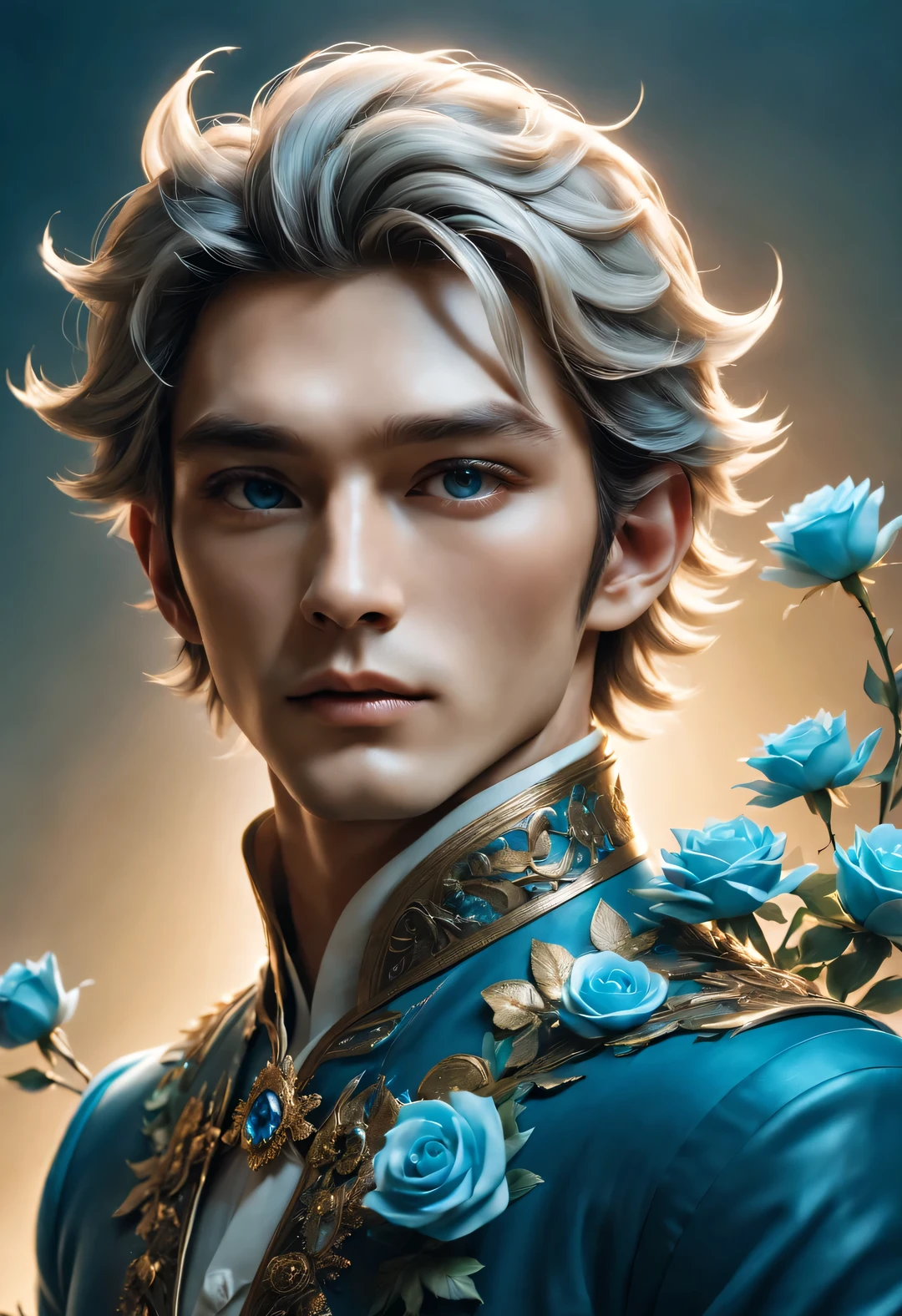 (male character design), Half body photo, Staring at the camera,
(Picture of Chinese handsome man Gao Changgong, Prince of Lanling, holding a big bouquet of blue fairy roses), (The left half of his face is wearing a gorgeous blue and gold metal mask.: 1.1), (Messy long white hair: 1.0), (Wearing a royal blue plaid woolen coat: 0.8), Have a perfect figure, Fair and delicate skin, Lips as red as red, The bridge of the nose is high and straight, deep eyes, But there is an extraordinary heroic spirit between his eyebrows. He has a slender figure, Has beautiful muscle lines, like a perfect sculpture. His character is brave and beautiful, like a woman, Be brave and decisive. There is an indescribable tenderness and warmth deep in his heart, Audrey hepburn, Jude Law, Jude Law (inspired by actor Jude Law), Surrealism, background: Modern office, HD, high quality, HD analysis, 32k