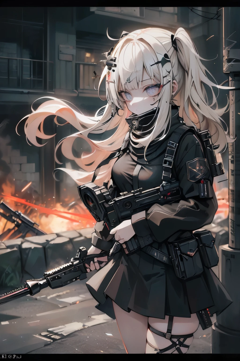 {{Masterpiece, top quality, highly detailed CG, unified 8k wallpaper, movie lighting, lens flare}}, 1 girl holding a rifle through the wall, wide view, thick body, long blonde hair soaring in the wind, green eyes, (holding a weapon, holding a rifle, aiming, aiming: 1.4), gun, h&k hk416, carbine, open fire, rubble, ruins of conflict areas, plumes, nitric smoke, blast waves, Flying bullets, sniper, 35mm, f/1.8, night, blue eyes