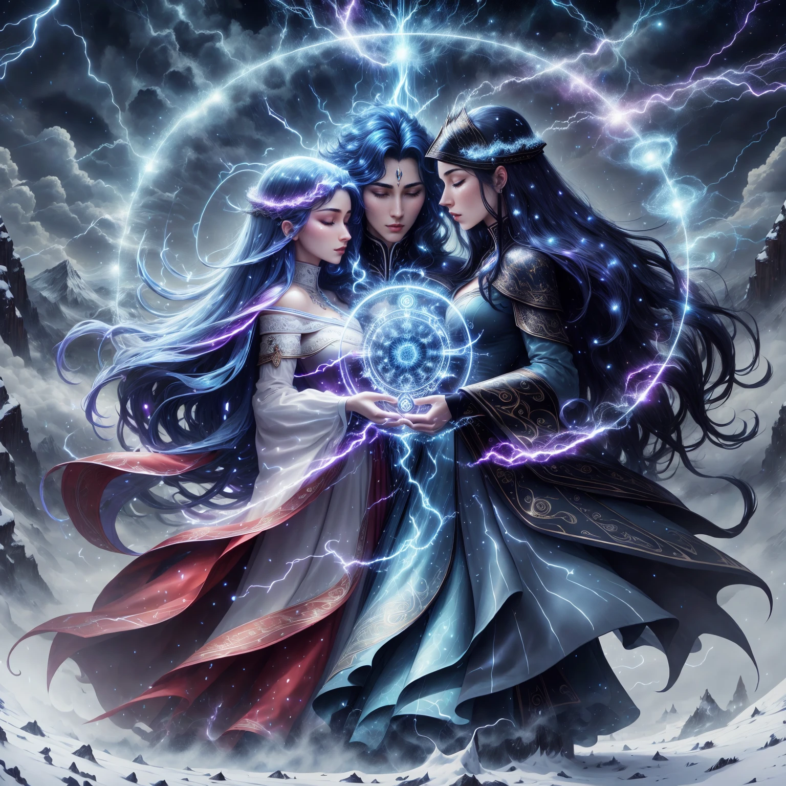Masterpiece,bestquality,flat colour,night, 2girl,wearing elaborate magical suit,sexy suit,perfect face,perfect body,full body,closed eyes,BREAK,looking each other,face to face,talking,look focus,BREAK,magic circle on the ground, with thunder,thunder arround them BREAK,they are on the top of a mountaine pic,snow,there is a tempest in the background