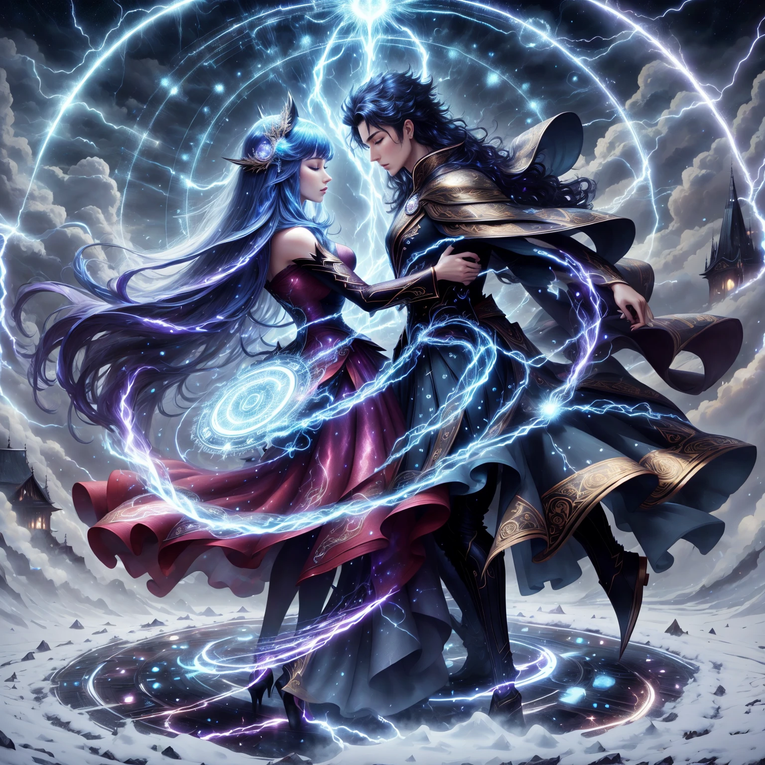 Masterpiece,bestquality,flat colour,night, 2girl,wearing elaborate magical suit,sexy suit,perfect face,perfect body,full body,closed eyes,COLORED HAIR,LONG HAIR,Curly hair,BREAK,looking each other,face to face,talking,look focus,BREAK,magic circle on the ground, with thunder,thunder arround them BREAK,they are on the top of a mountaine pic,snow,there is a tempest in the background