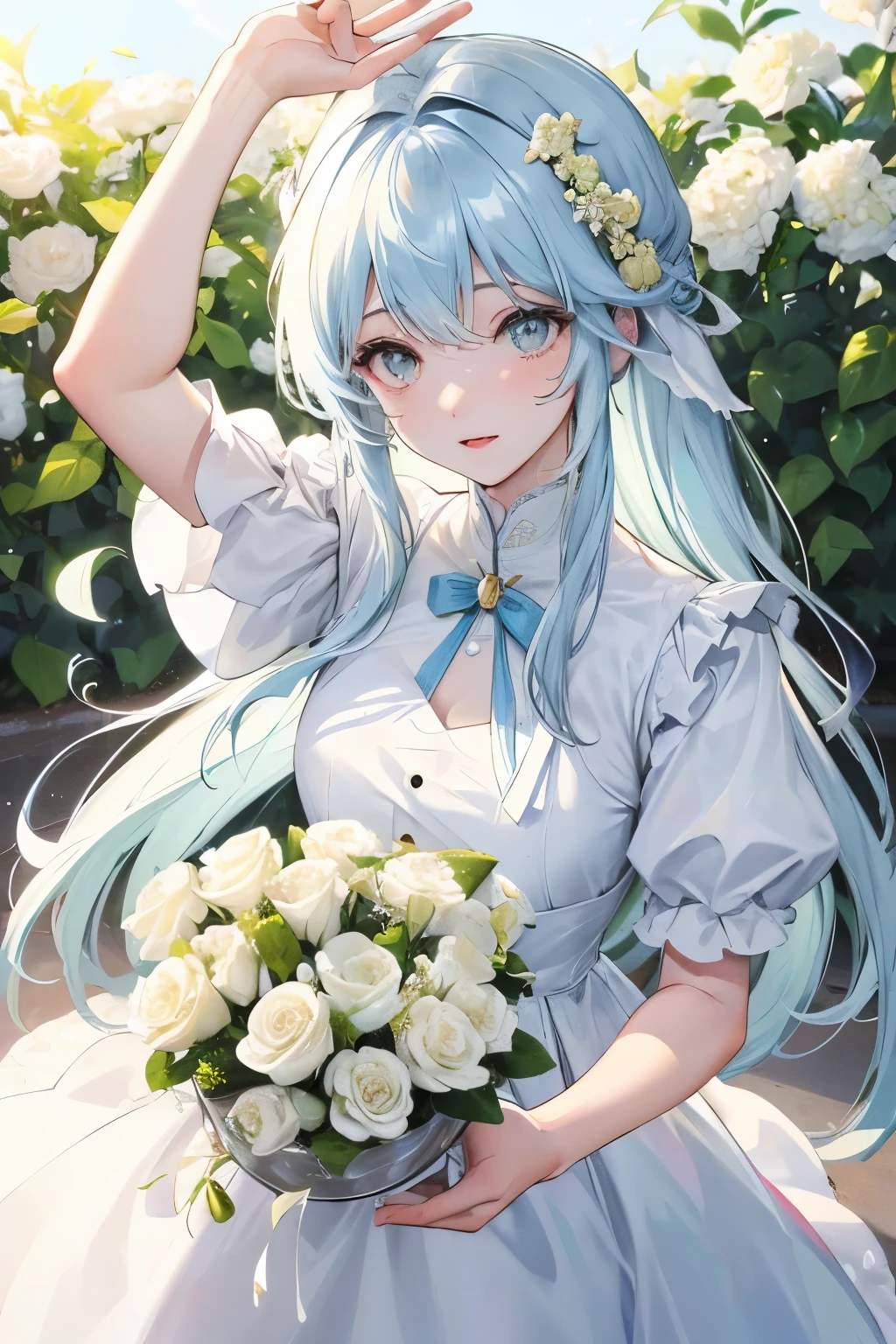 A woman in a white dress holding a bouquet of flowers - SeaArt AI