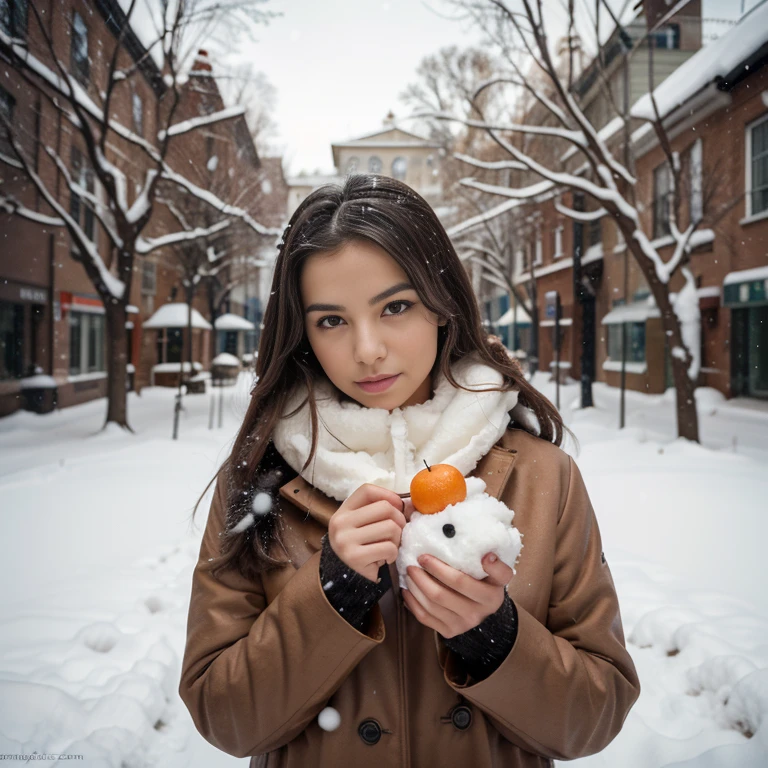 A brunette in a fur coat with a Dalmatian, a professional photo session, in the hands of a grid with tangerines, USSR, snowman, it's snowing