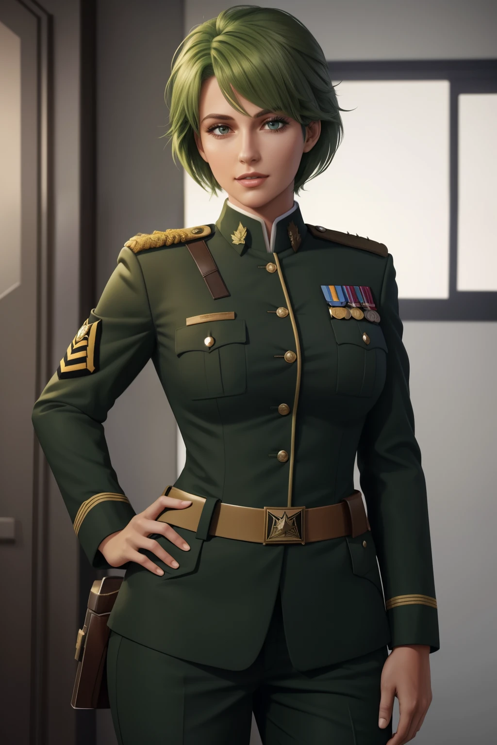 Frederica Greenhill is a 25-year-old female lieutenant with short, bright green hair. She is known for her quick strategic thinking and ability to find efficient shortcuts. Her uniform is decorated with various insignia reflecting her rank and accomplishments. She leans forward with her ample breasts gently curving, and with sharp concentration, she is ready to take on the next mission. She wears a pants-style uniform.