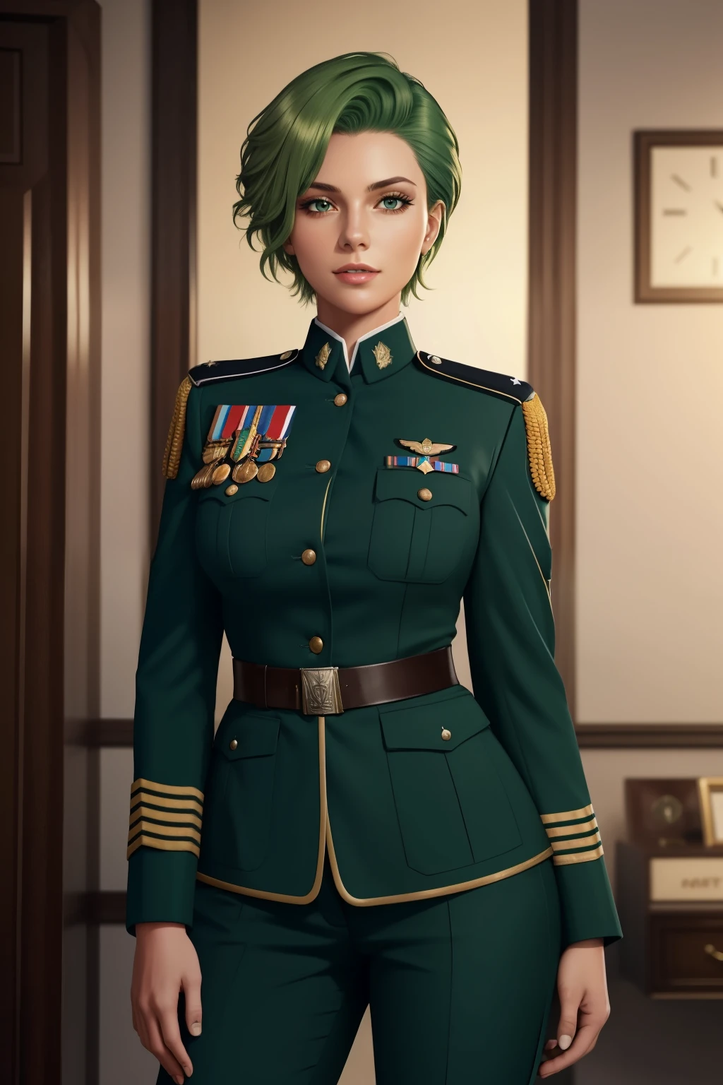 Frederica Greenhill is a 25-year-old female lieutenant with short, bright green hair. She is known for her quick strategic thinking and ability to find efficient shortcuts. Her uniform is decorated with various insignia reflecting her rank and accomplishments. She leans forward with her ample breasts gently curving, and with sharp concentration, she is ready to take on the next mission. She wears a pants-style uniform.