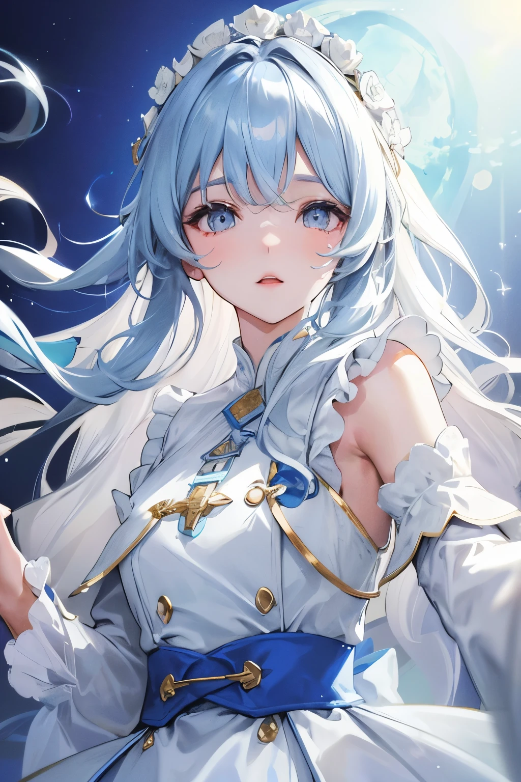 first-class、high resolution、beautiful、background white、white long hair、gold eyes、Light blue apron dress、clear、beautiful boy、Front facing
