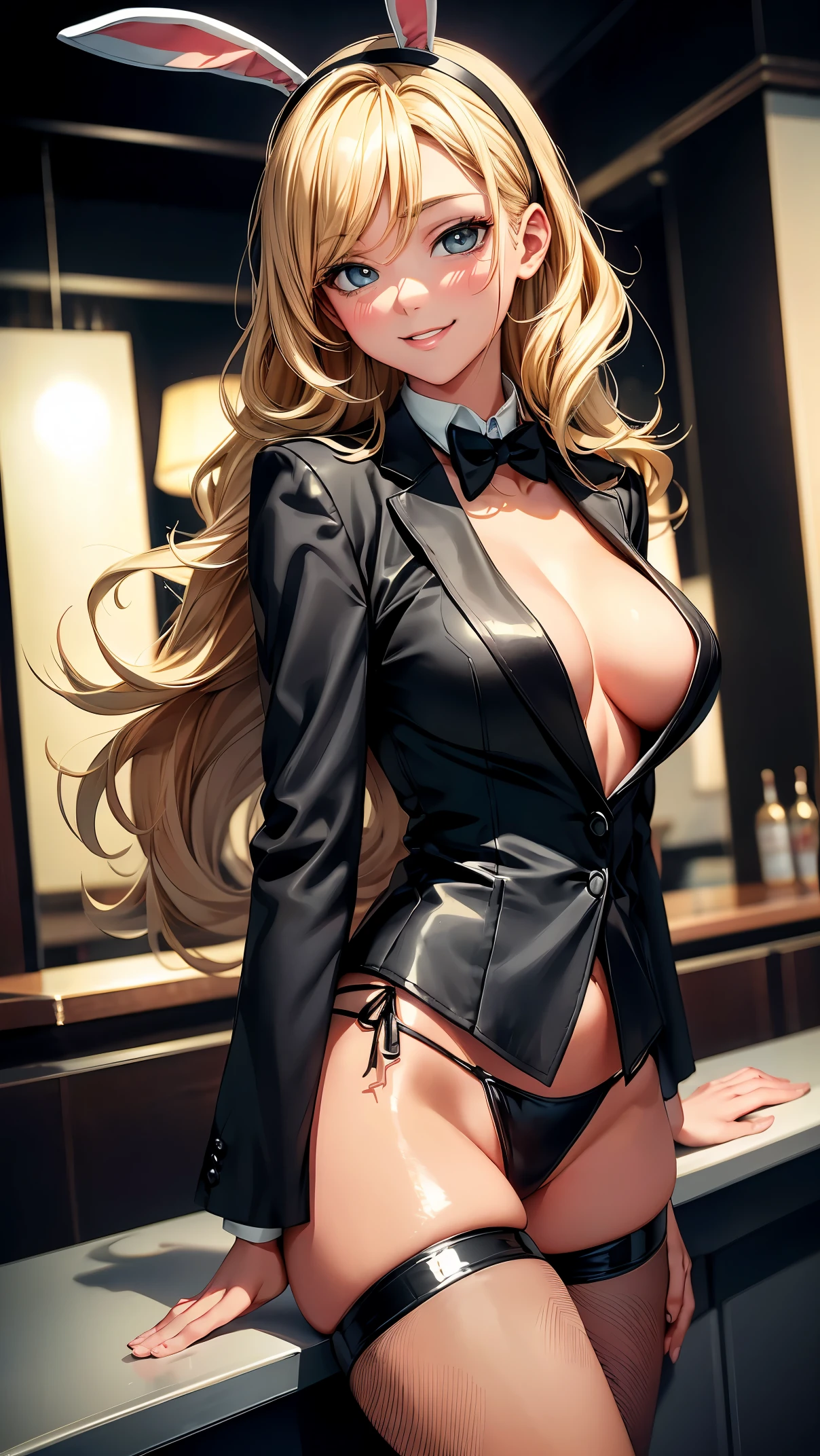 (8K, 生photograph, 最high quality, masterpiece: 1.2), 高精細RAWカラーphotograph, Professional photograph, cinematic light, (((young woman, Sexy Bunny Girl))), ((blonde, wavy hair)), (((sexy pose))), slender body, big and full breasts, ((cute face)), (smile gently: 1.2), (Separate Color, separate cufflinks, sexy fishnet stockings, shiny black sexy tailcoat:1.5, White round tail, black rabbit ears headband, high heels), blush all over the face, staring eyes, attractive thighs, beautiful skin, shiny skin, small ass, night club, bar counter, background bokeh, soft lighting, enlightenment, Super detailed, high quality, realistic, bright colors, epic lighting, very detailed, photograph, masterpiece, high qualityな, High resolution, film grain, professional lighting,