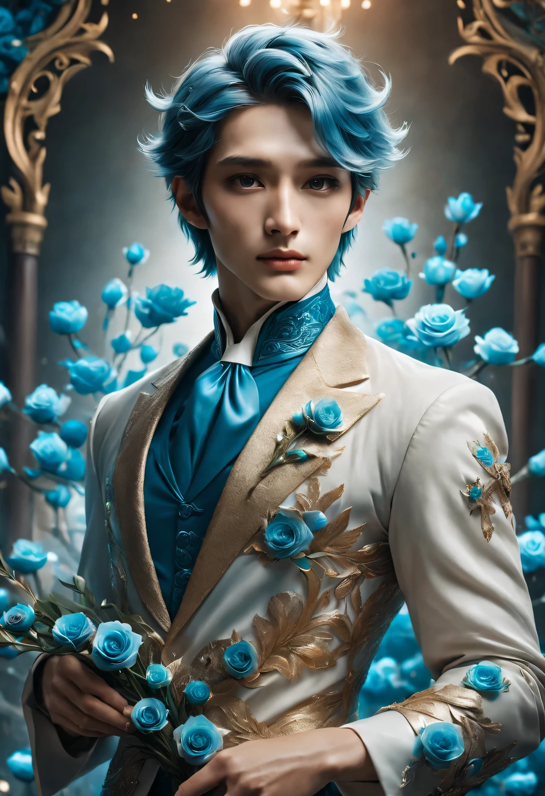 (male character design), Half body photo, Staring at the camera,
(Picture of Lanling King Gao Changgong holding blue fairy rose), (The left half of his face is wearing a gorgeous blue and gold metal mask.: 1.1), (Messy long white hair: 1.0), (Wearing a royal blue plaid woolen coat: 0.8), Have a perfect figure, Fair and delicate skin, Lips as red as vermilion, high nose bridge, deep eyes, But there is an extraordinary heroic spirit between his eyebrows. He has a slender figure, Has beautiful muscle lines, like a perfect sculpture. His character is brave and beautiful, like a woman, Be brave and decisive. There is an indescribable tenderness and warmth deep in his heart, Audrey hepburn, Jude Law, Jude Law (inspired by actor Jude Law), Surrealism, background: Modern office, HD, high quality, HD analysis, 32k