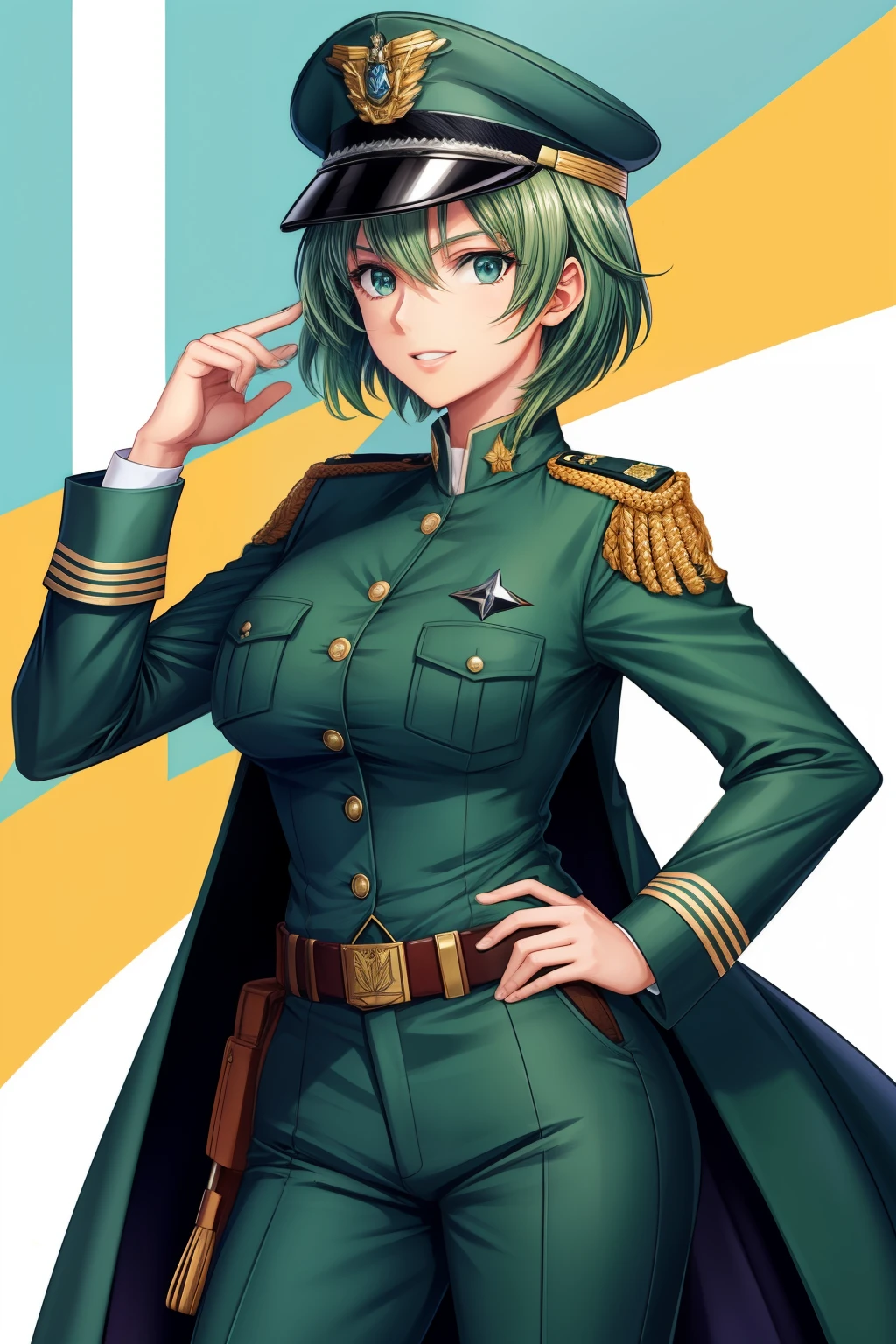 Frederica Greenhill is a 25-year-old female lieutenant with short, bright green hair. She is known for her quick strategic thinking and ability to find efficient shortcuts. Her uniform is decorated with various insignia reflecting her rank and accomplishments. She leans forward with her ample breasts gently curving, and with sharp concentration, she is ready to take on the next mission. She wears a pants-style uniform.