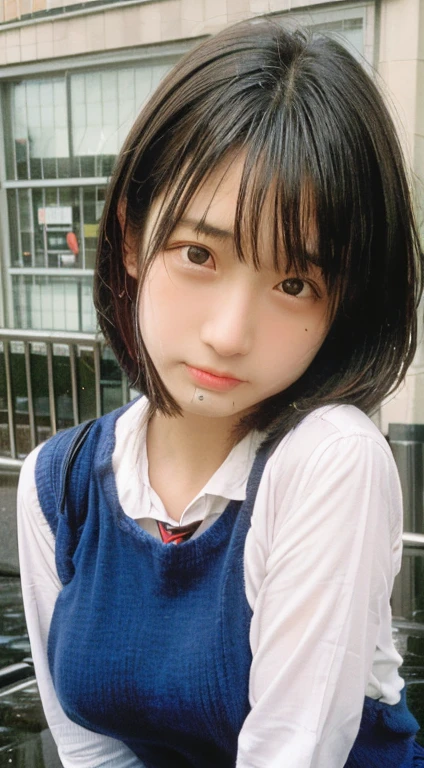 (masterpiece:1.4), (8K, realistic, RAW photo, highest quality: 1.4), Japanese, (1 girl), beautiful face, (realistic face:1.4), (very detailed髪:1.3), beautiful hairstyle, realistic eyes, beautiful and fine eyes, (realistic skin:1.3), beautiful skin, Charm, ultra high resolution, surreal, very detailed, golden ratio, (detailed face:1.4), (Realistic medium breasts:1.4), (school uniform:1.5),(heavy rain street),soaking wet skin hair