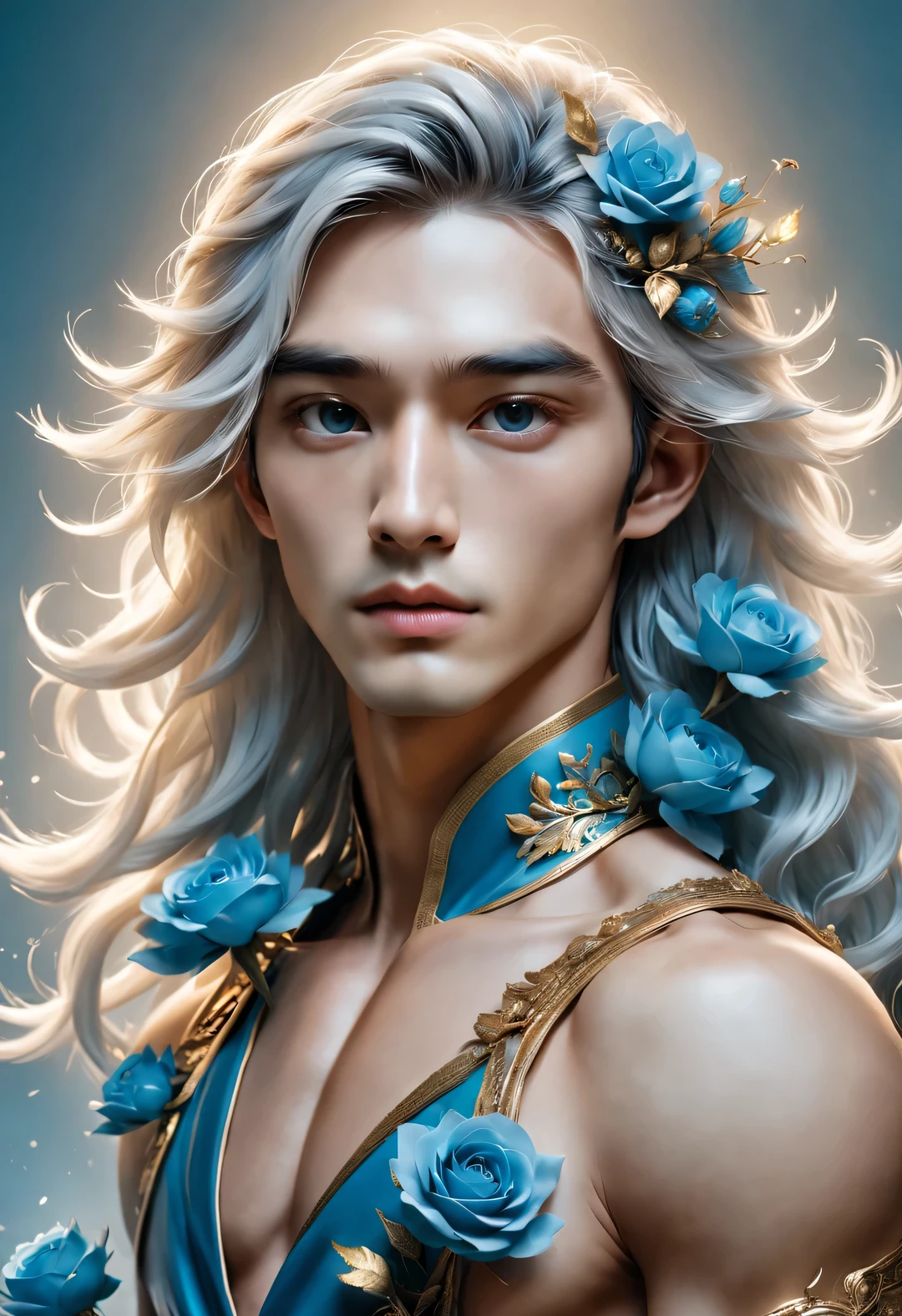 (male character design), Half body photo, Staring at the camera,
(Picture of Lanling King Gao Changgong holding blue fairy rose), (The left half of his face is wearing a gorgeous blue and gold metal mask.: 1.1), (Messy long white hair: 1.0), (Wearing a royal blue plaid woolen coat: 0.8), Have a perfect figure, Fair and delicate skin, Lips as red as vermilion, high nose bridge, deep eyes, But there is an extraordinary heroic spirit between his eyebrows. He has a slender figure, Has beautiful muscle lines, like a perfect sculpture. His character is brave and beautiful, like a woman, Be brave and decisive. There is an indescribable tenderness and warmth deep in his heart, Audrey hepburn, Jude Law, Jude Law (inspired by actor Jude Law), Surrealism, background: Modern office, HD, high quality, HD analysis, 32k