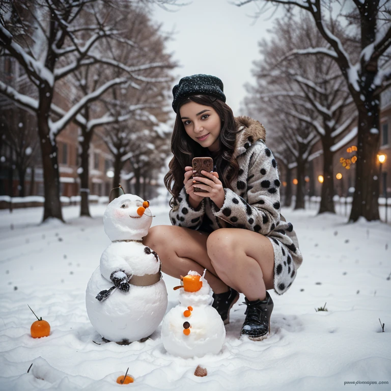 A brunette in a fur coat with a Dalmatian, a professional photo session, in the hands of a grid with tangerines, USSR, snowman, it's snowing